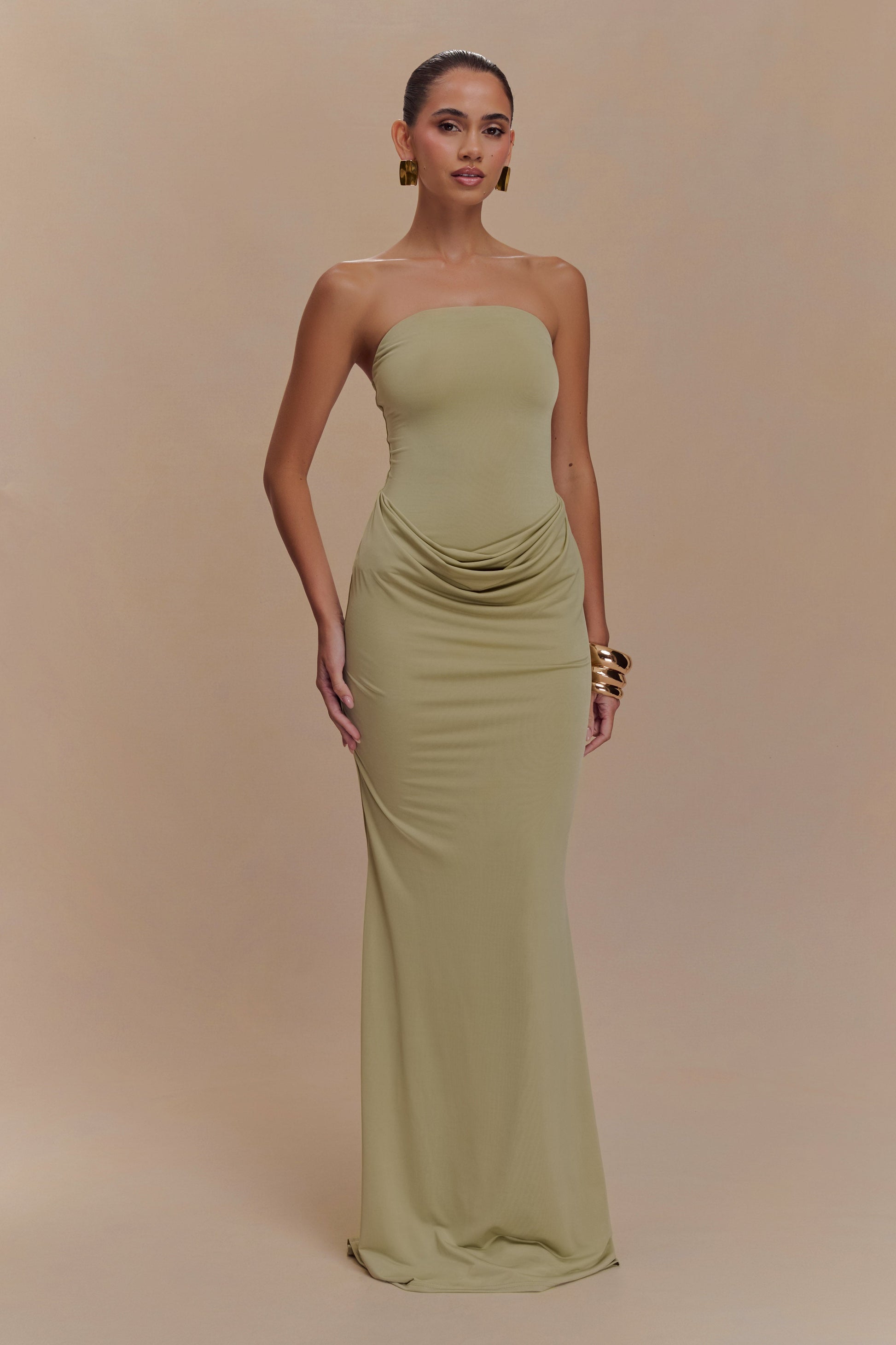 Madison Strapless Slinky Maxi Dress - Sage | MESHKI Madison Strapless Slinky Maxi Dress - Sage | MESHKI
