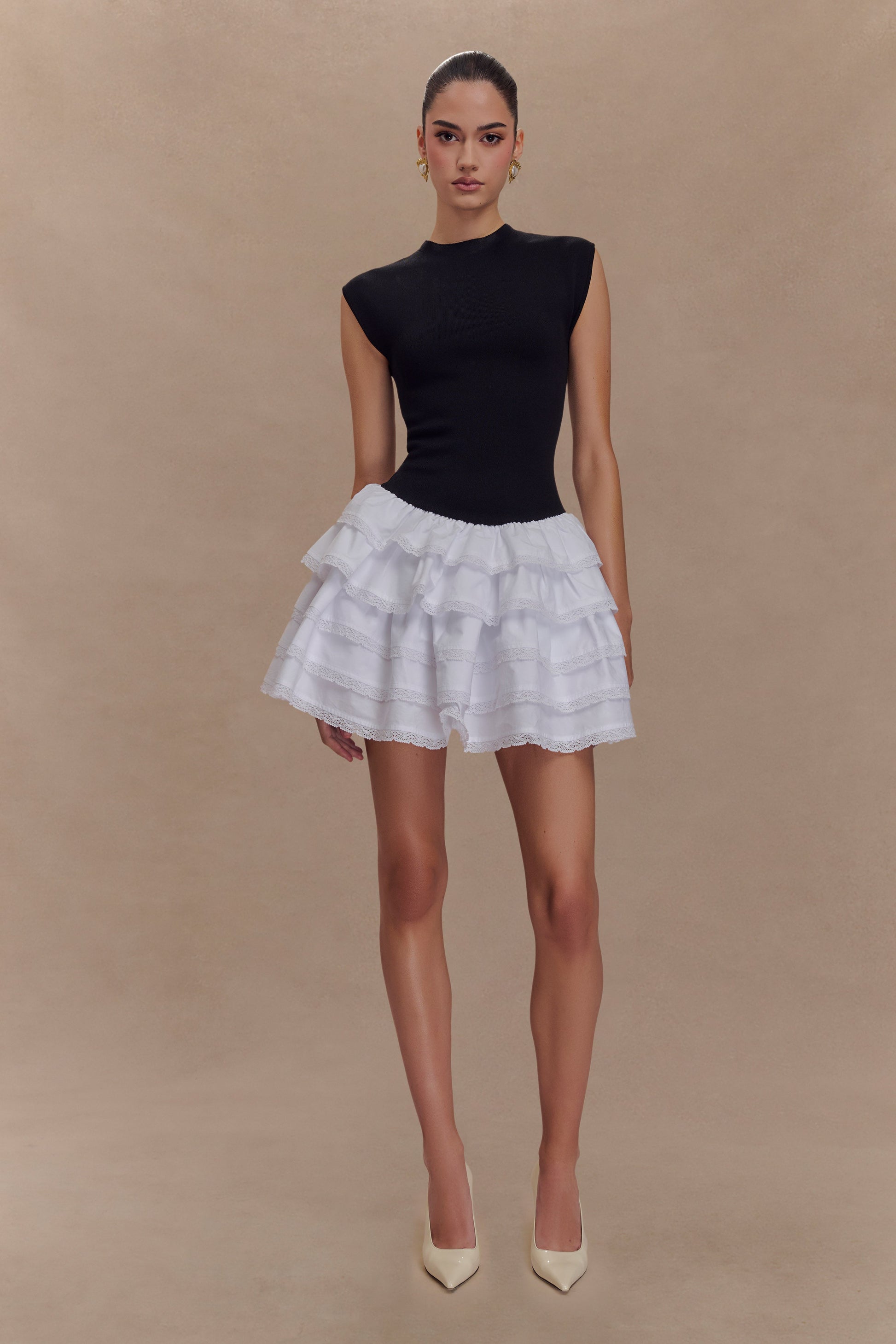 Maeve Contrast Ruffle Knit Mini Dress - Black/White | MESHKI Maeve Contrast Ruffle Knit Mini Dress - Black/White | MESHKI