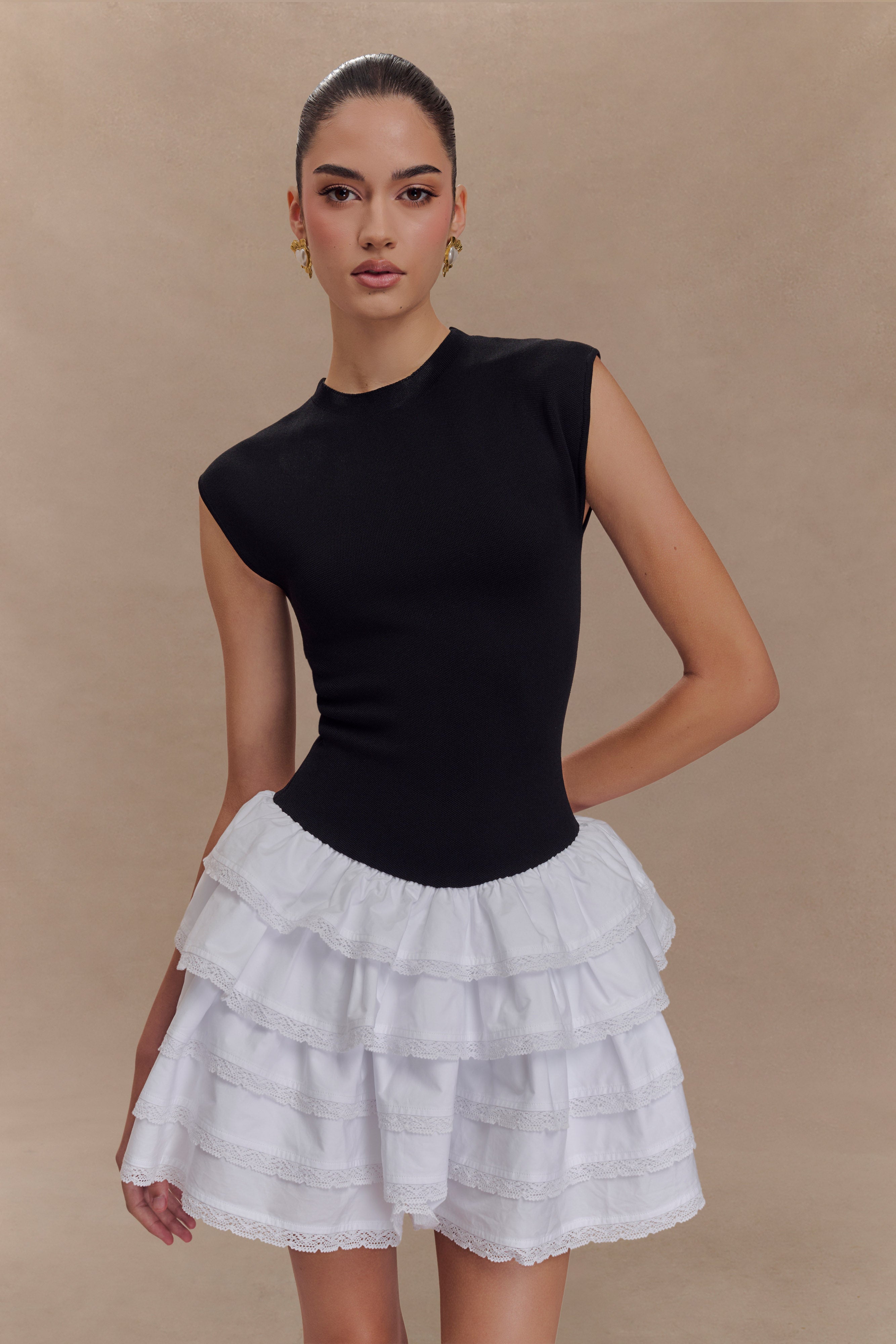 Maeve Contrast Ruffle Knit Mini Dress - Black/White | MESHKI Maeve Contrast Ruffle Knit Mini Dress - Black/White | MESHKI