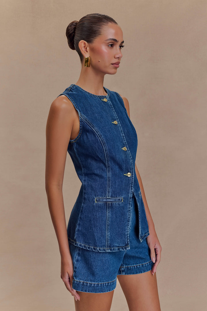 Abel Denim Button Up Seams Pocket Vest Top