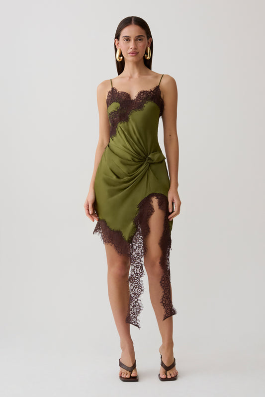 Amber Satin And Lace Mini Dress - Olive