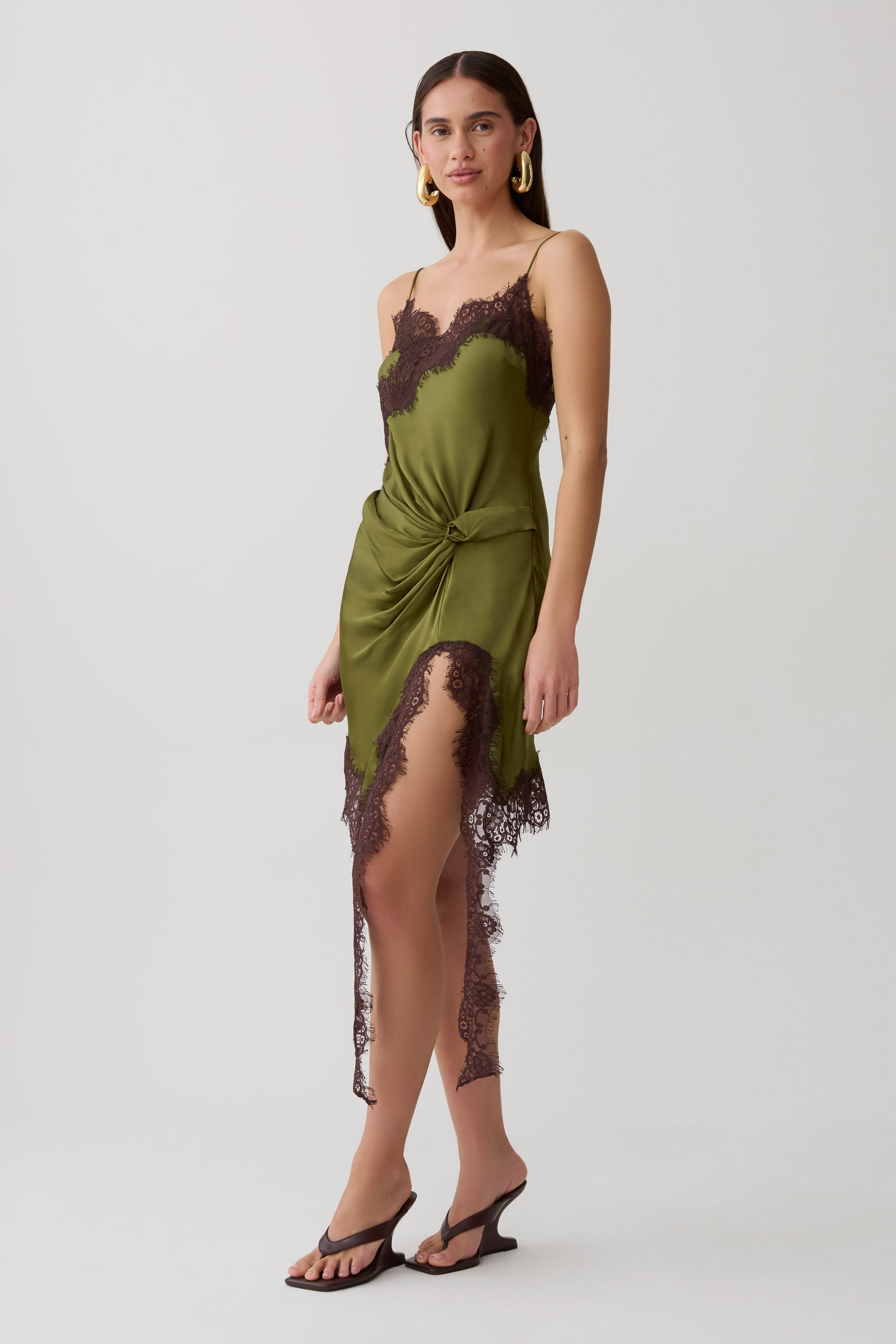 Amber Satin And Lace Mini Dress - Olive #4