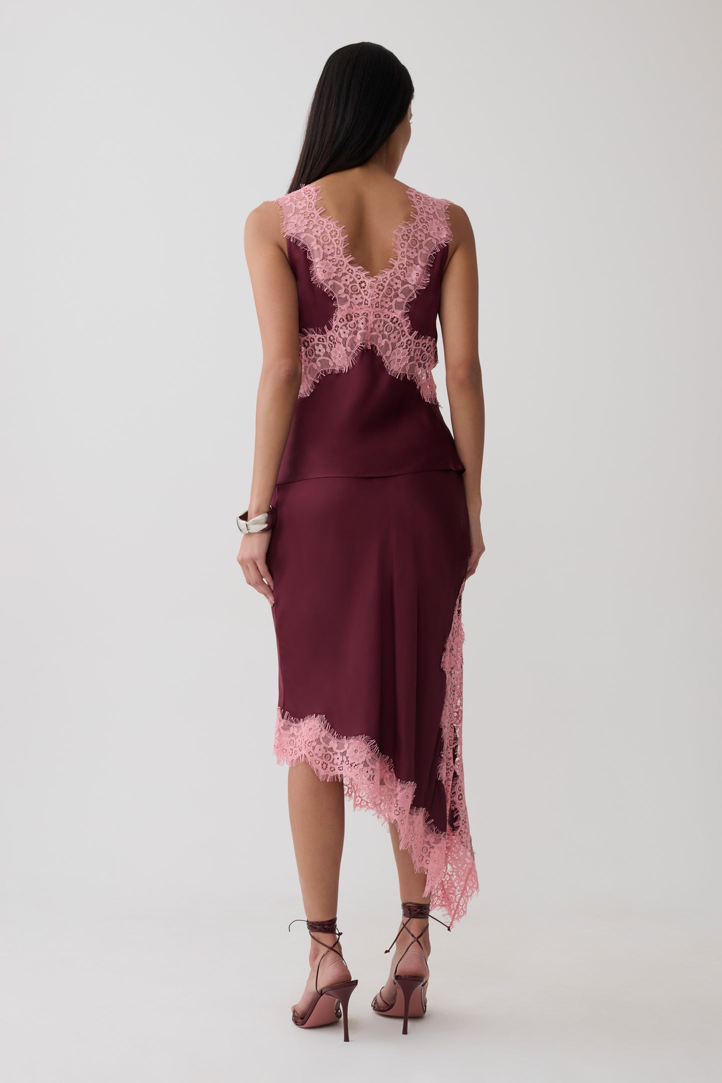 Amber Satin And Lace Midi Skirt - Burgundy