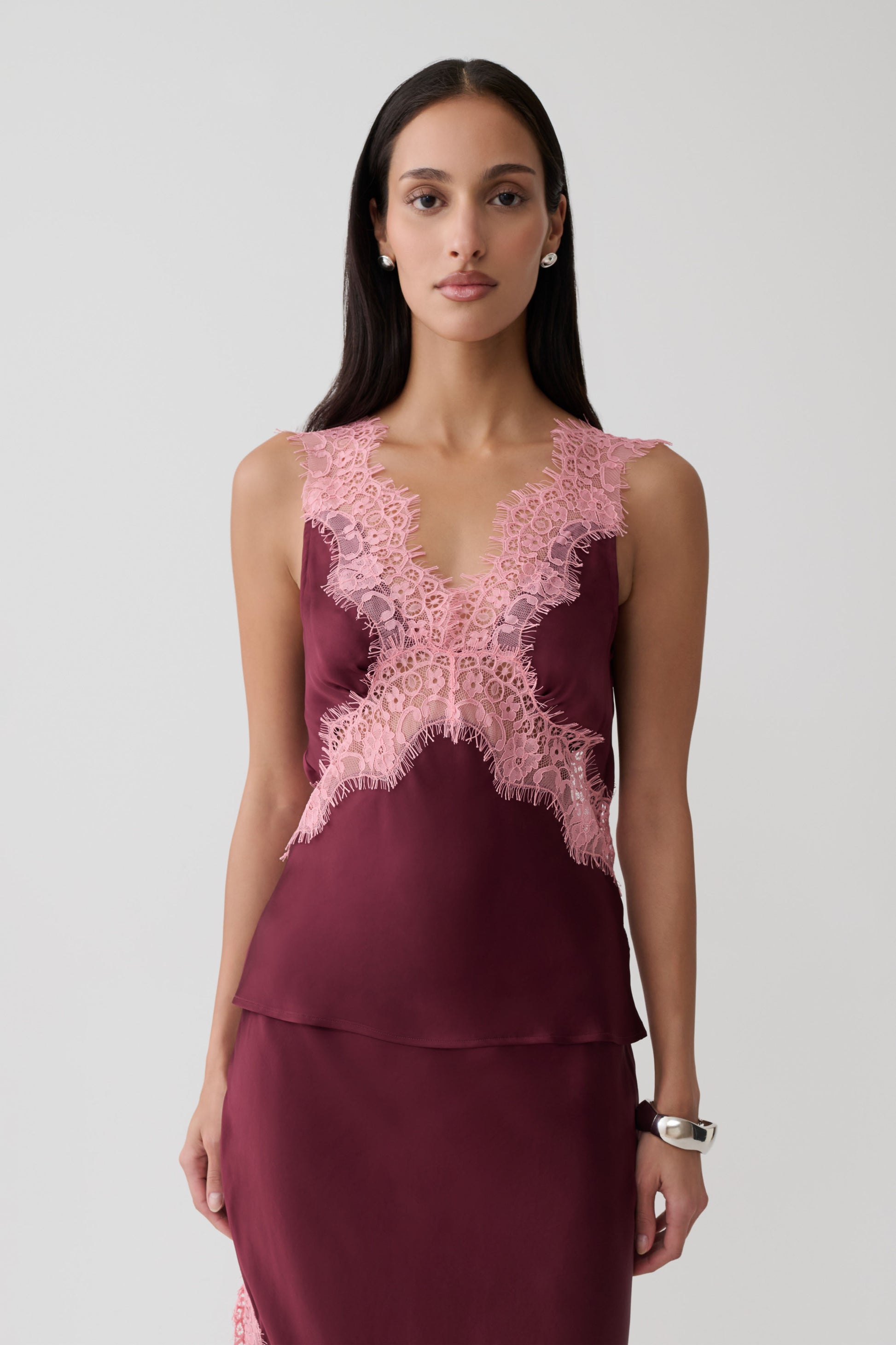 Amber Satin And Lace Camisole - Burgundy
