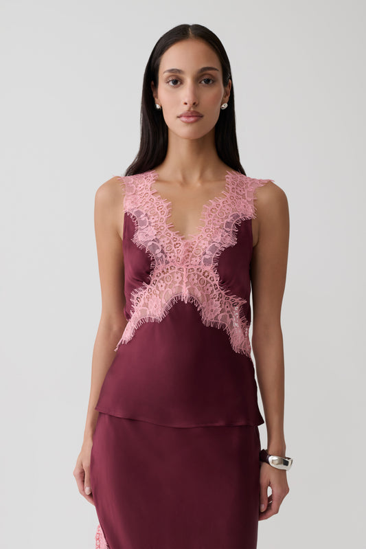 Amber Satin And Lace Camisole - Burgundy