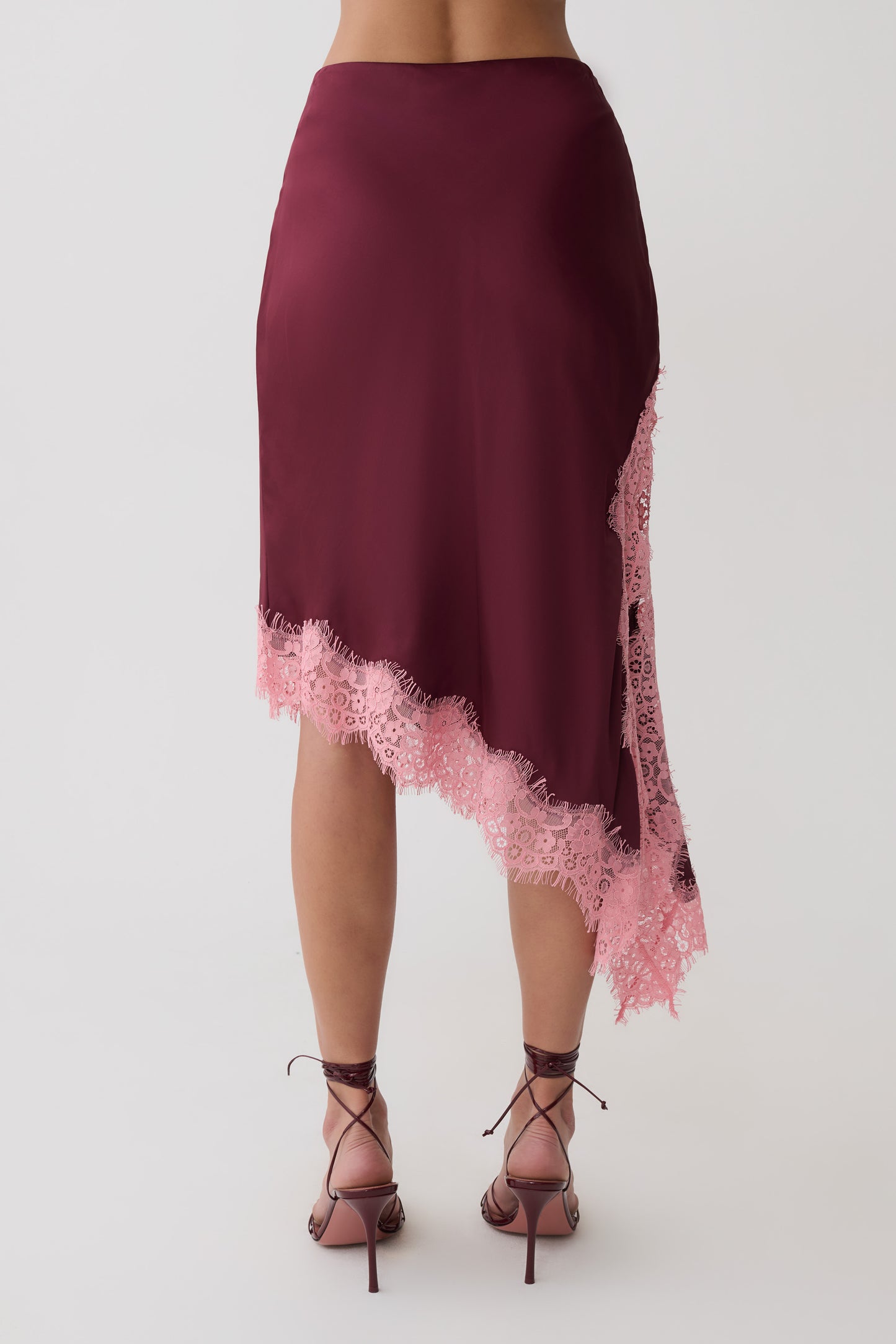 Amber Satin And Lace Midi Skirt - Burgundy