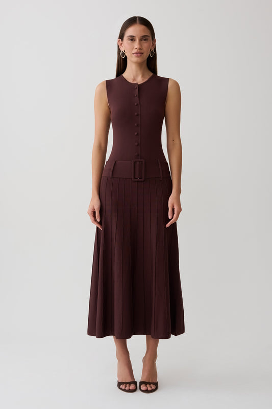 Rebena Pleated Midi Dress - Chocolate