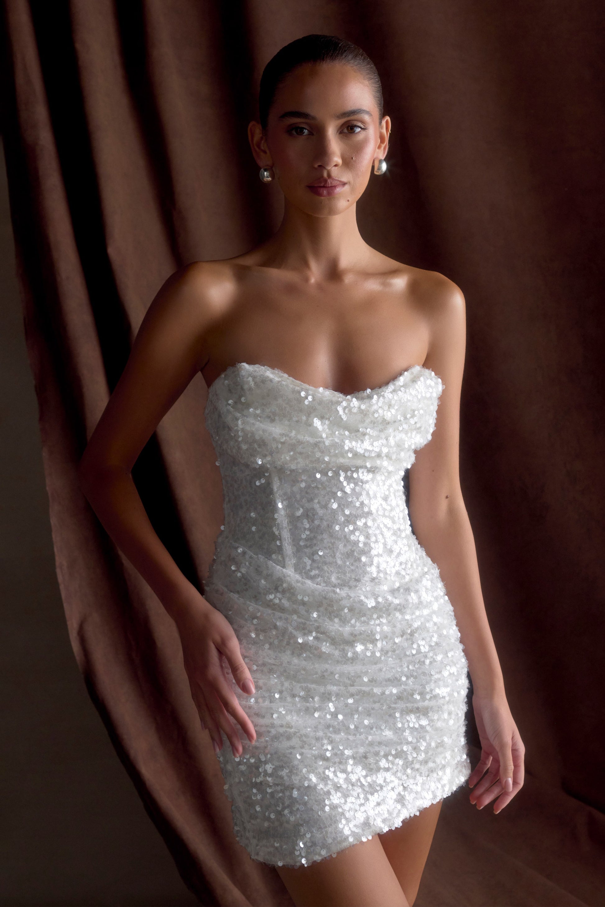 Homecoming Dress White Glitter Cocktail Dress Nala Strapless Sequin Mini Dress White MESHKI Homecoming Dress White Glitter Cocktail Dress Nala Strapless Sequin Mini Dress White MESHKI