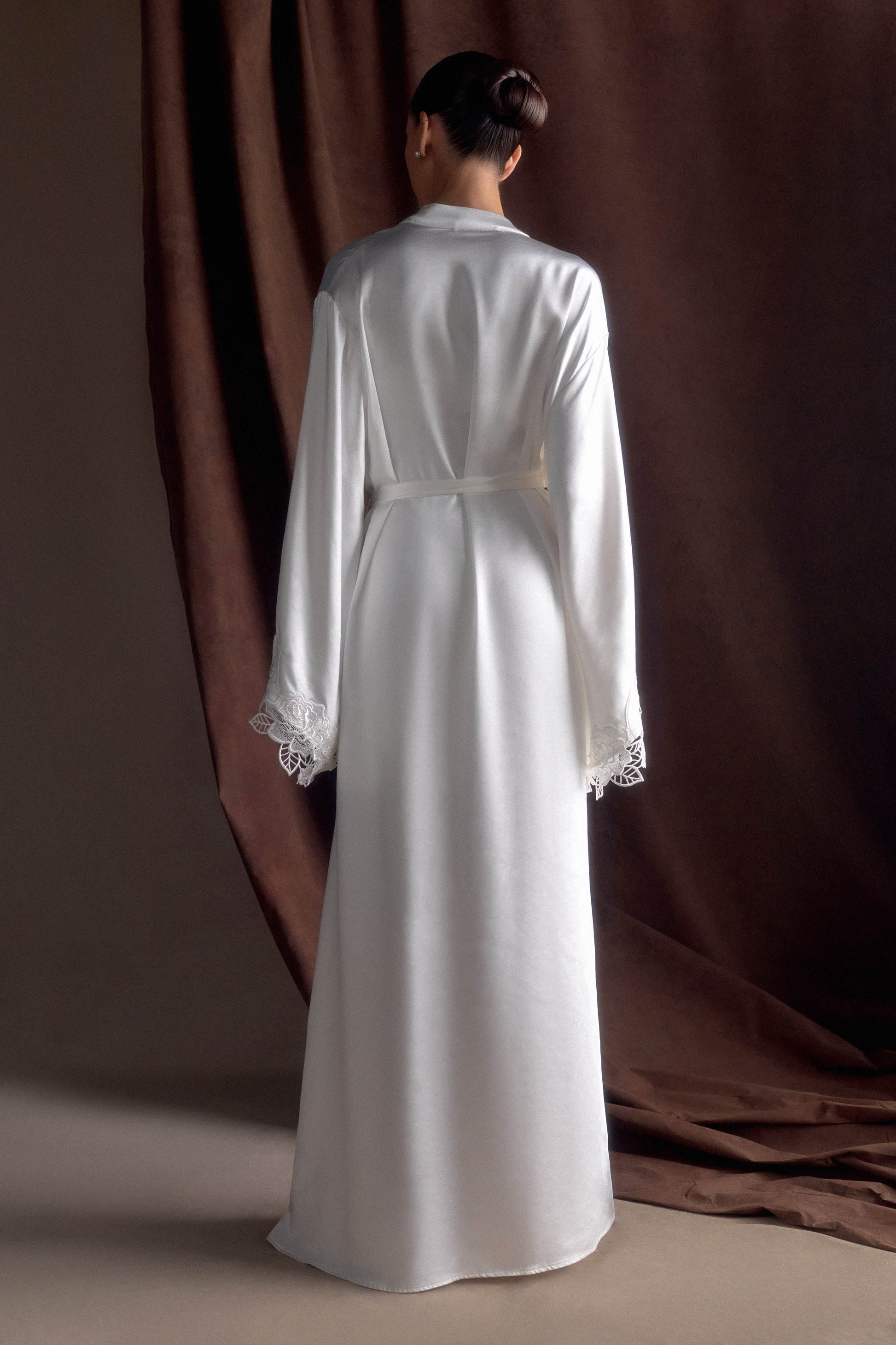 white robe dress Sullivan Satin Bridal Robe With Lace - Ivory