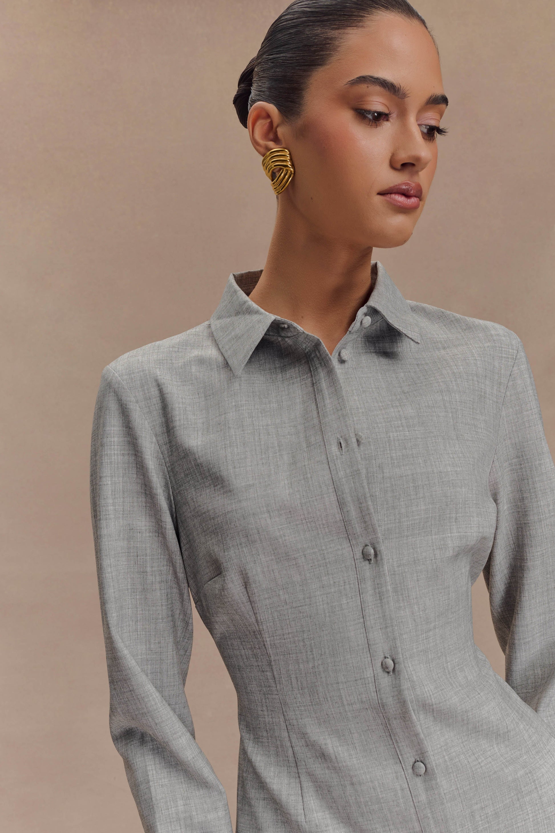 Dorian Fitted Shirt Mini Dress - Charcoal Marle | MESHKI Dorian Fitted Shirt Mini Dress - Charcoal Marle | MESHKI