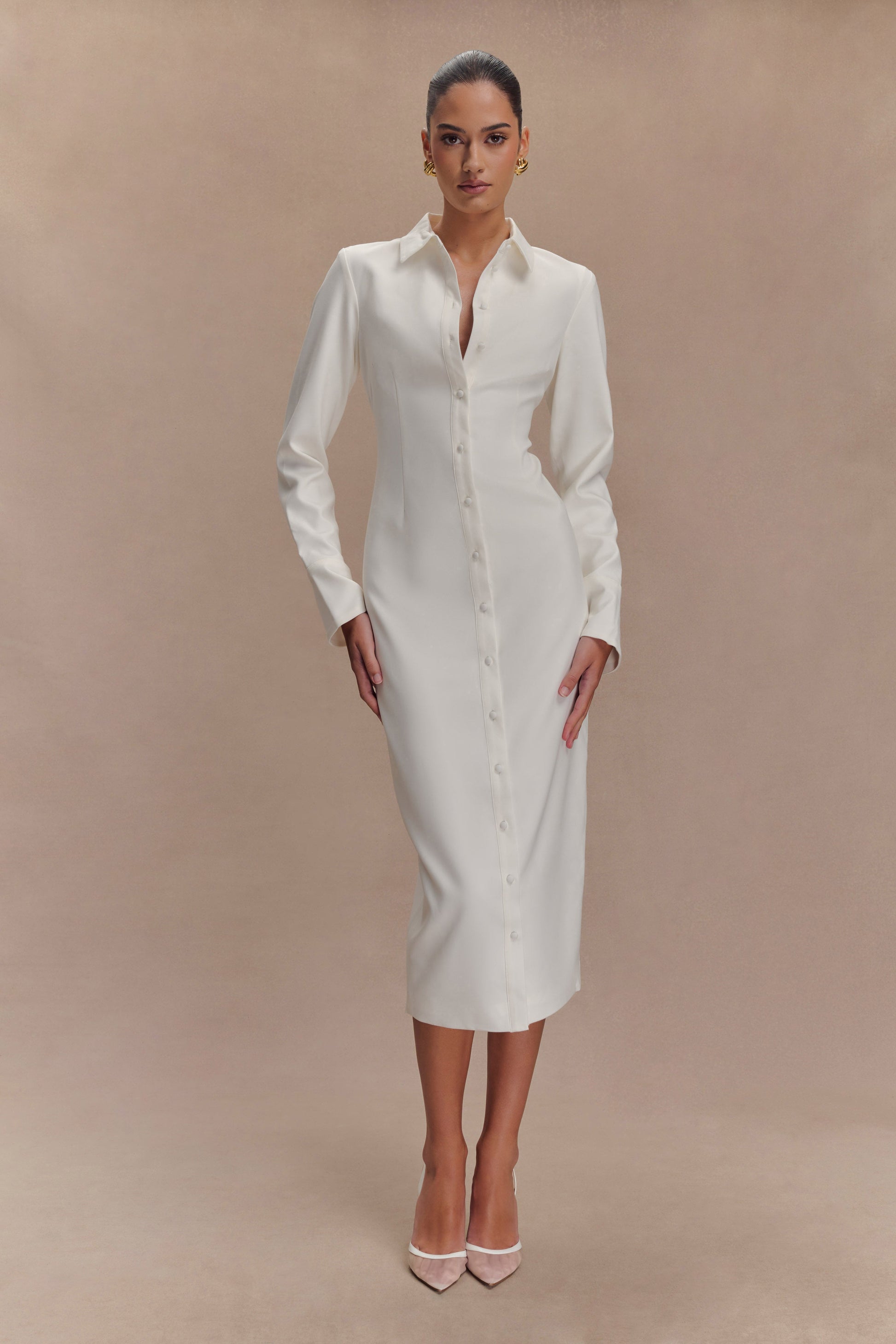 Dorian Fitted Shirt Midi Dress - White | MESHKI Dorian Fitted Shirt Midi Dress - White | MESHKI