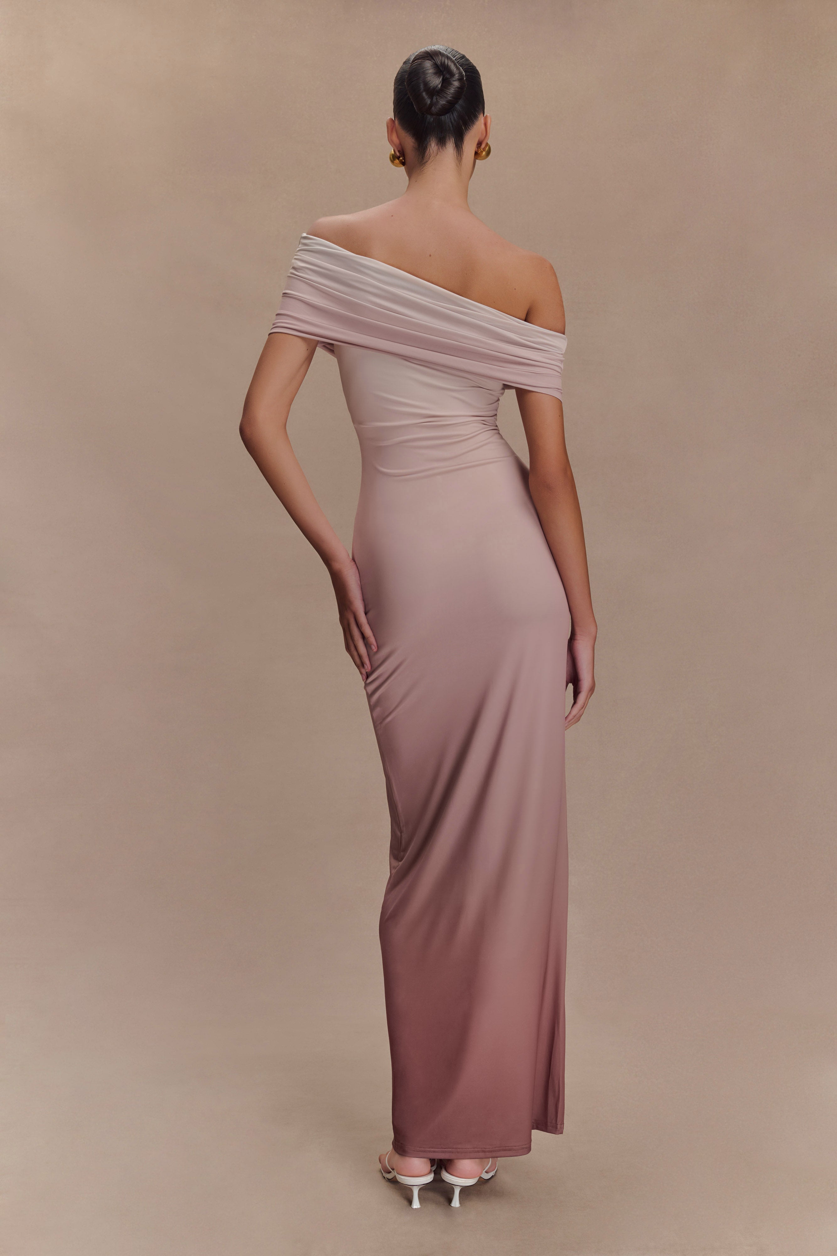 Cassandra Off Shoulder Slinky Maxi Dress - Neutral Ombre & MESHKI