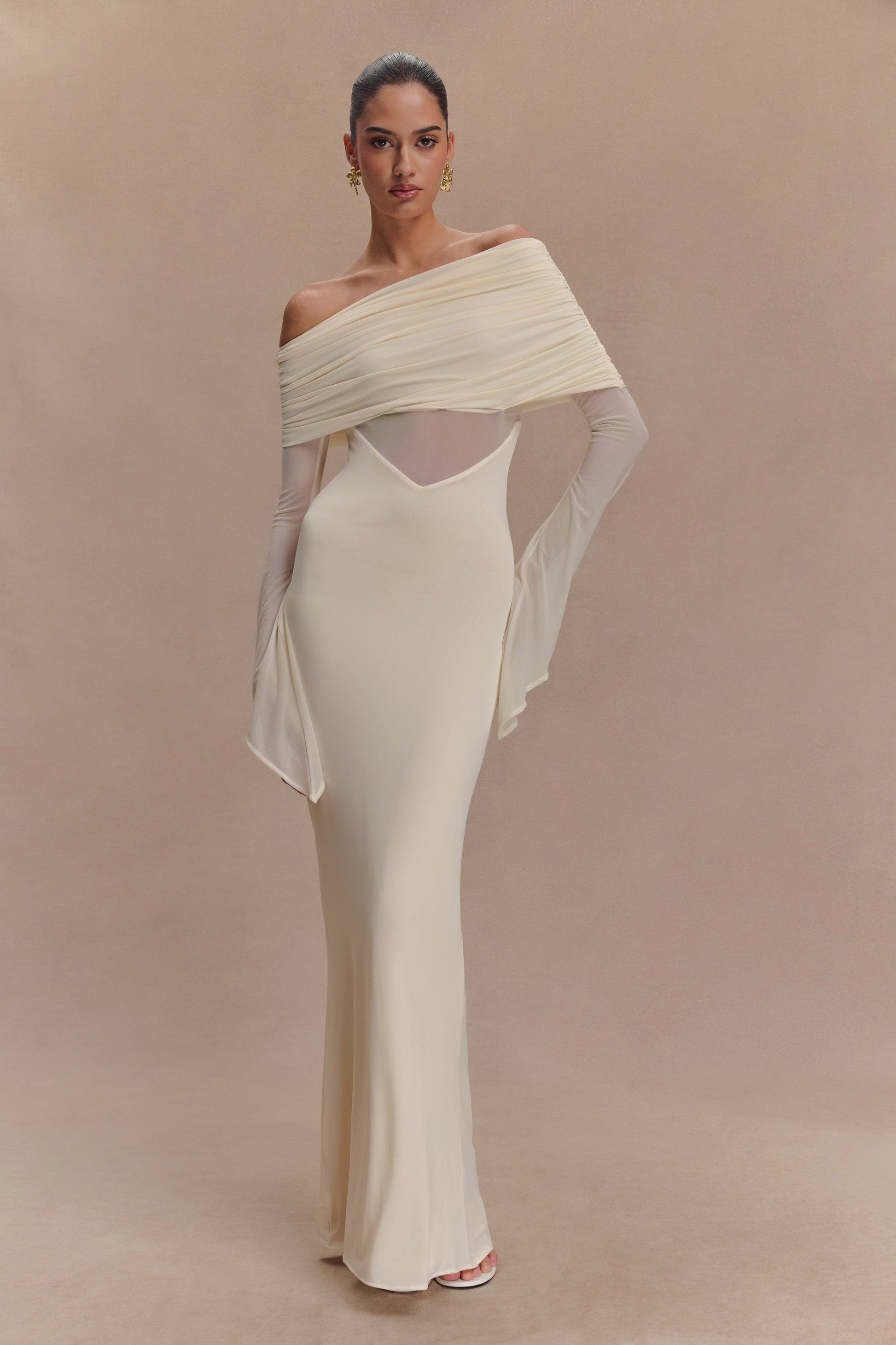 kaitlin one shoulder slinky and mesh maxi dress Kaitlin One Shoulder Slinky And Mesh Maxi Dress / Basil | MESHKI