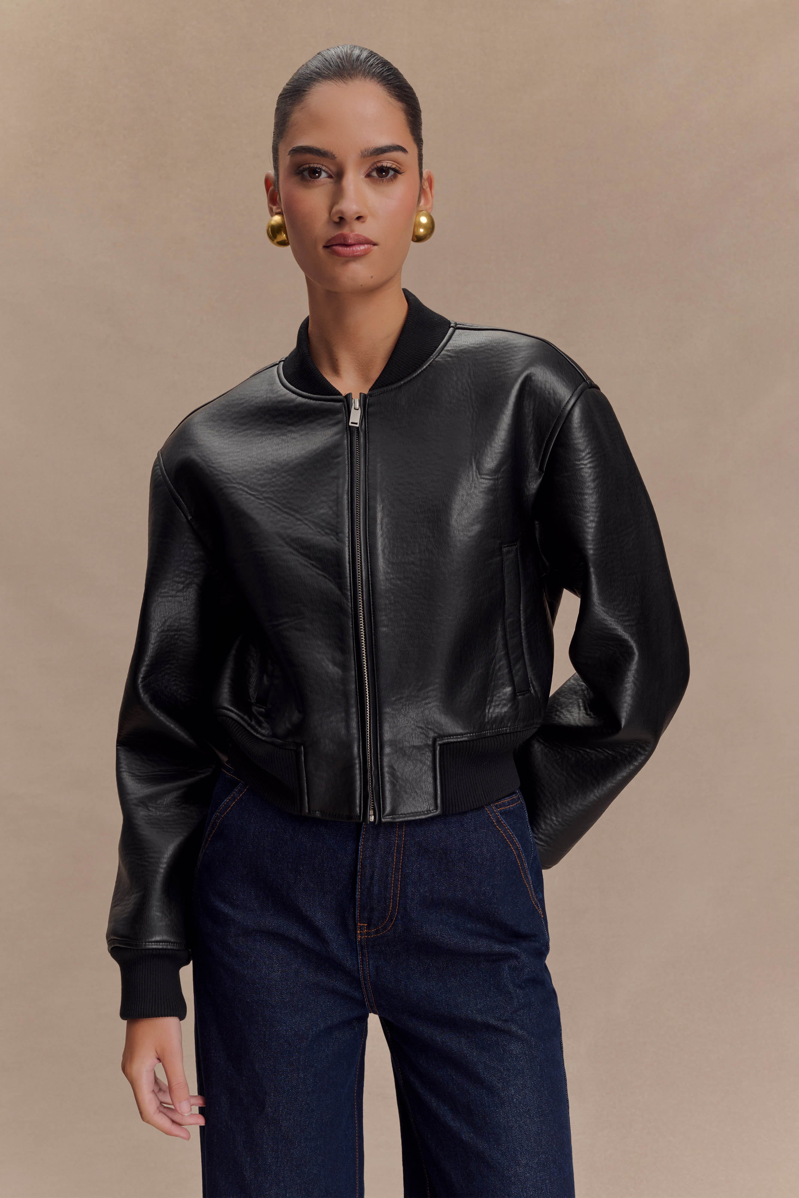 Codi Faux Leather Bomber Jacket - Black | MESHKI