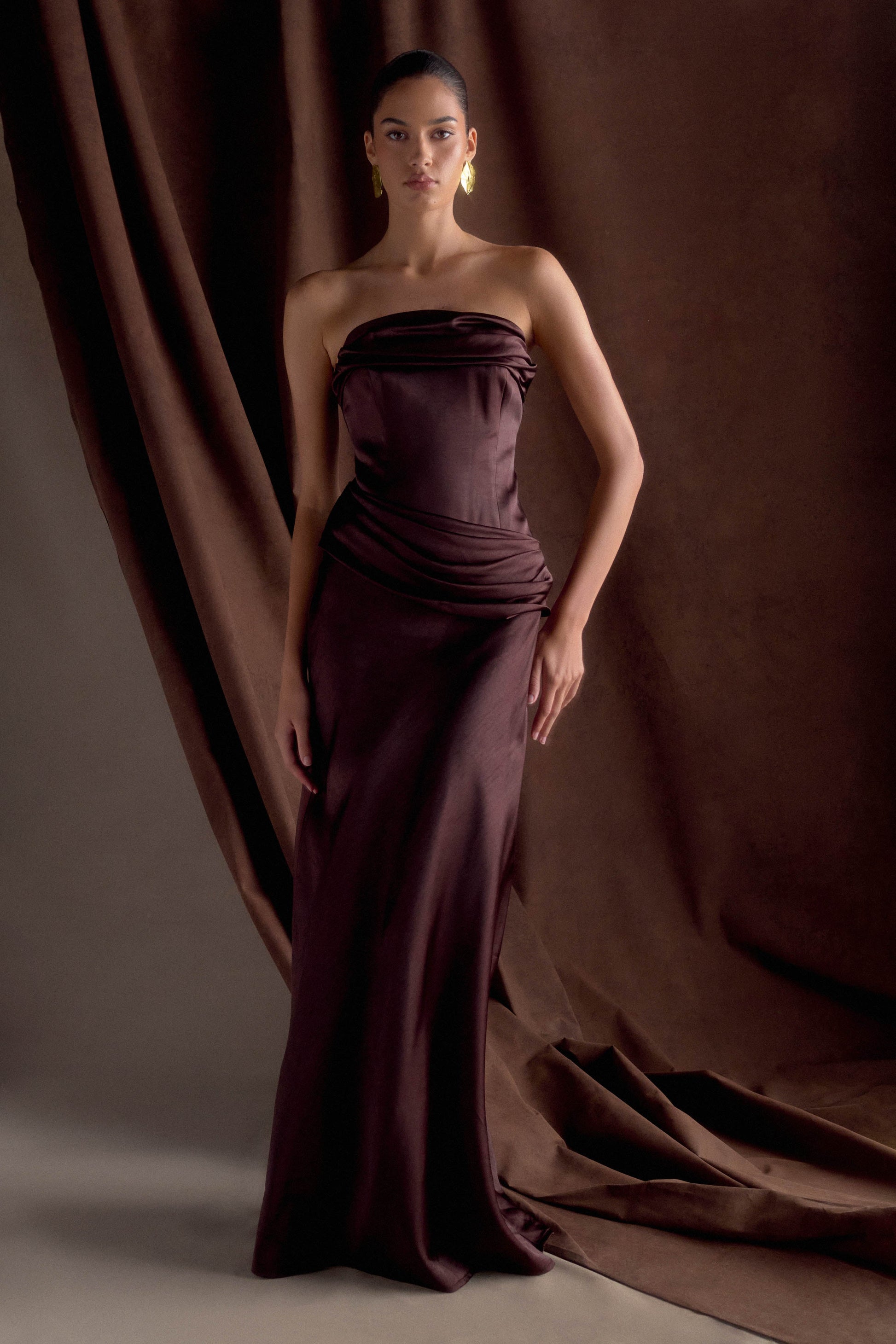 Jasmine Strapless Satin Maxi Dress - Dark Chocolate | MESHKI Jasmine Strapless Satin Maxi Dress - Dark Chocolate | MESHKI