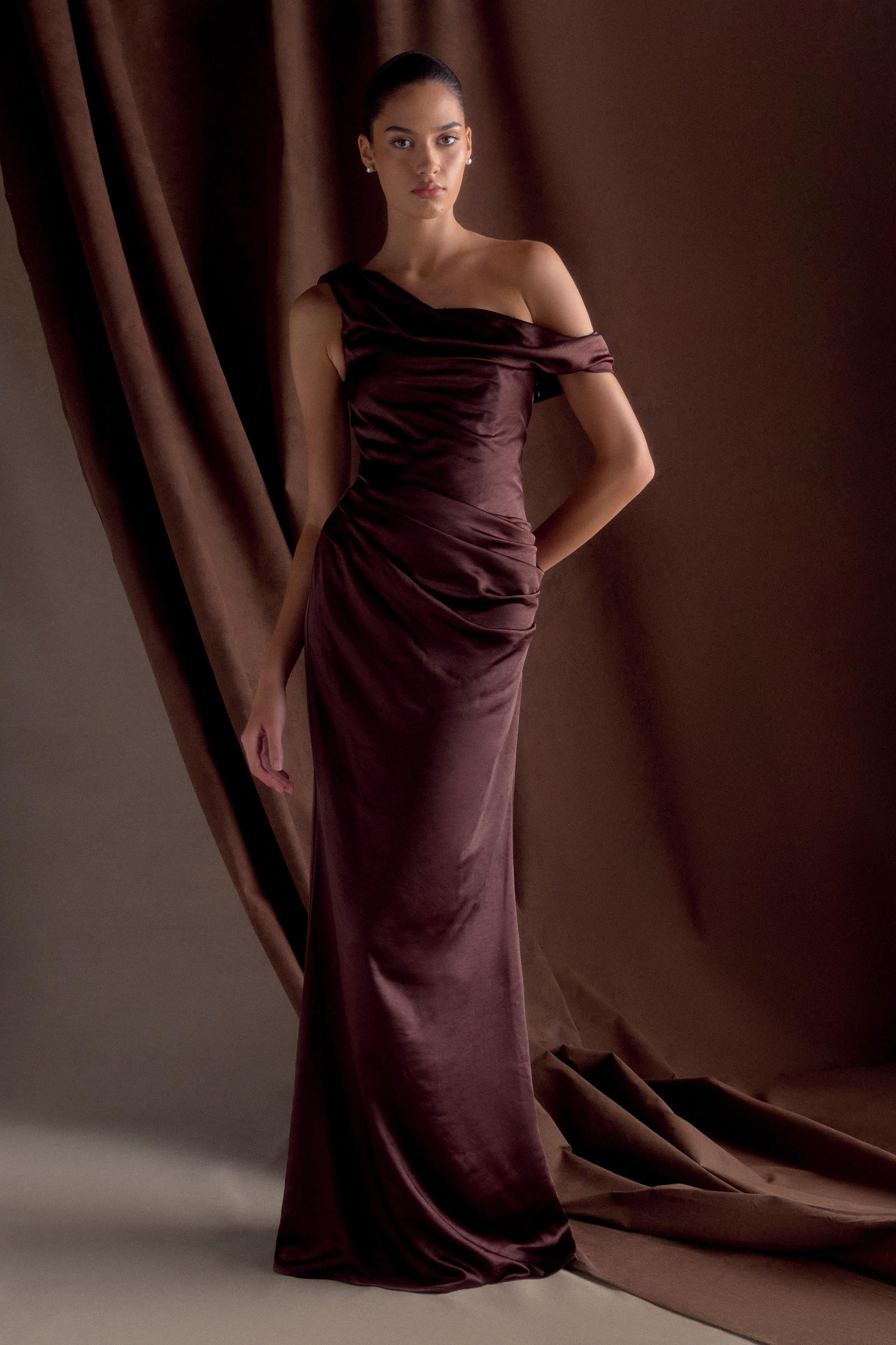 Dalia Off Shoulder Satin Maxi Dress - Dark Chocolate