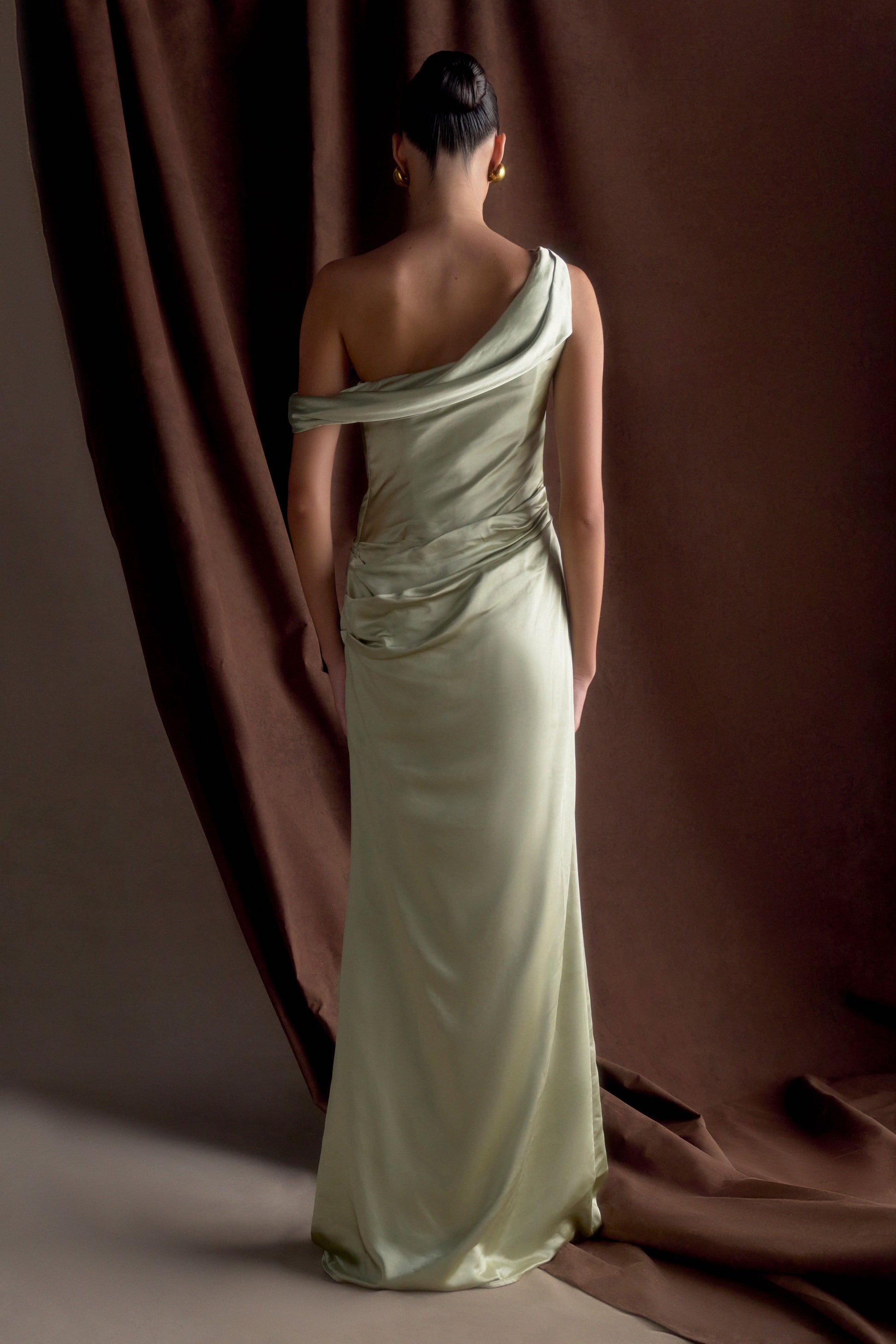 Dalia Off Shoulder Satin Maxi Dress - Sage | MESHKI Dalia Off Shoulder Satin Maxi Dress - Sage | MESHKI