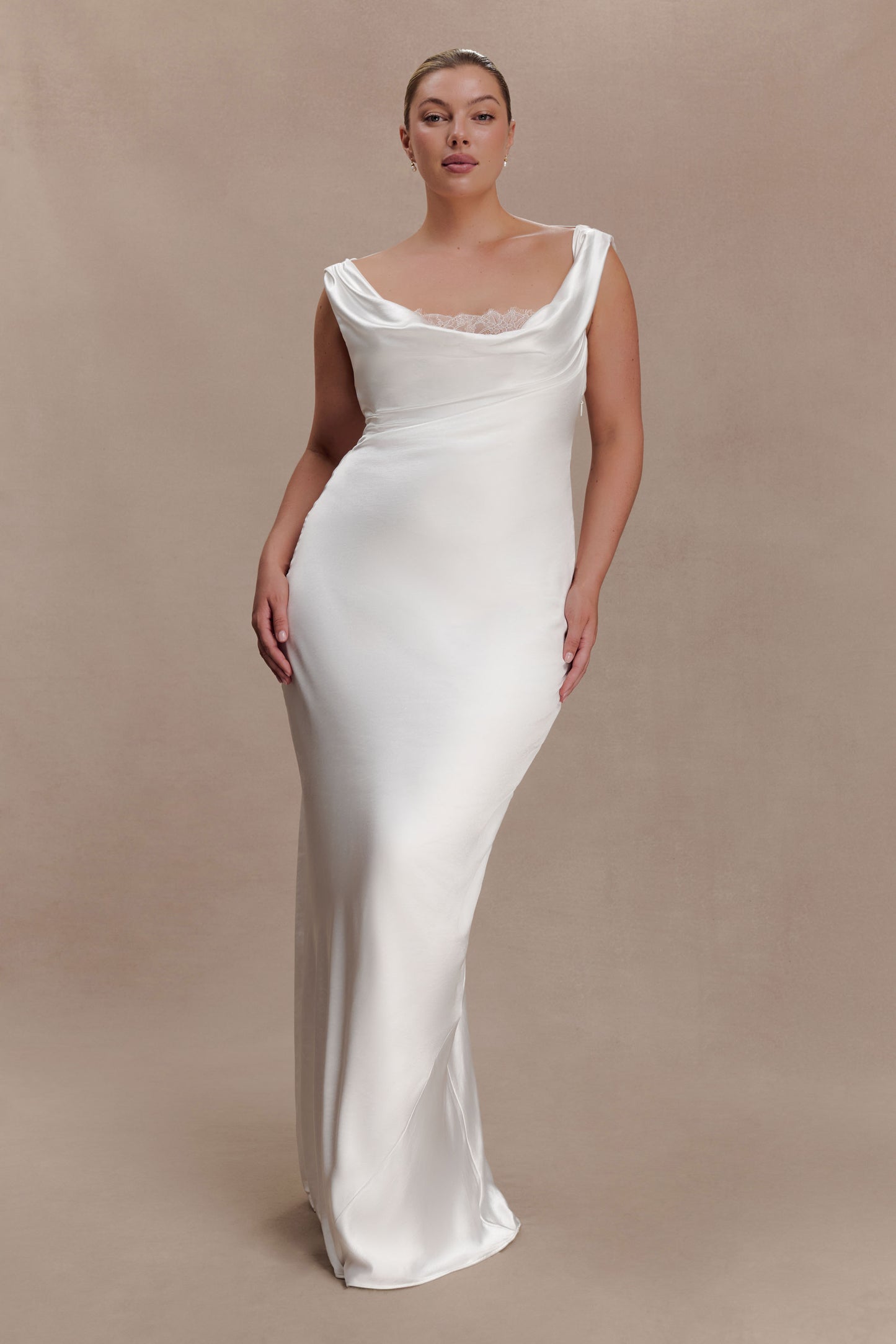 Ashley Cowl Neck Lace And Satin Maxi Dress - Ivory