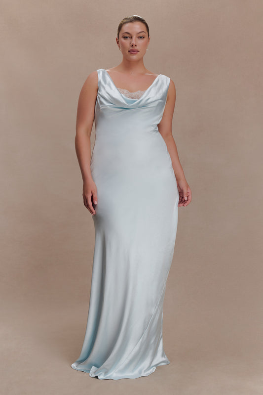 Ashley Cowl Neck Lace And Satin Maxi Dress - Ice Blue