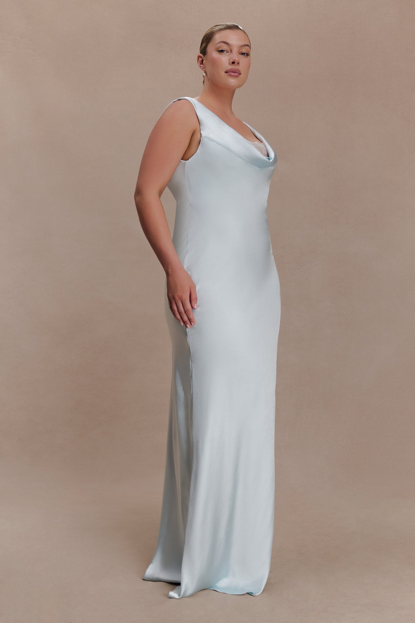 Ashley Cowl Neck Lace And Satin Maxi Dress - Ice Blue
