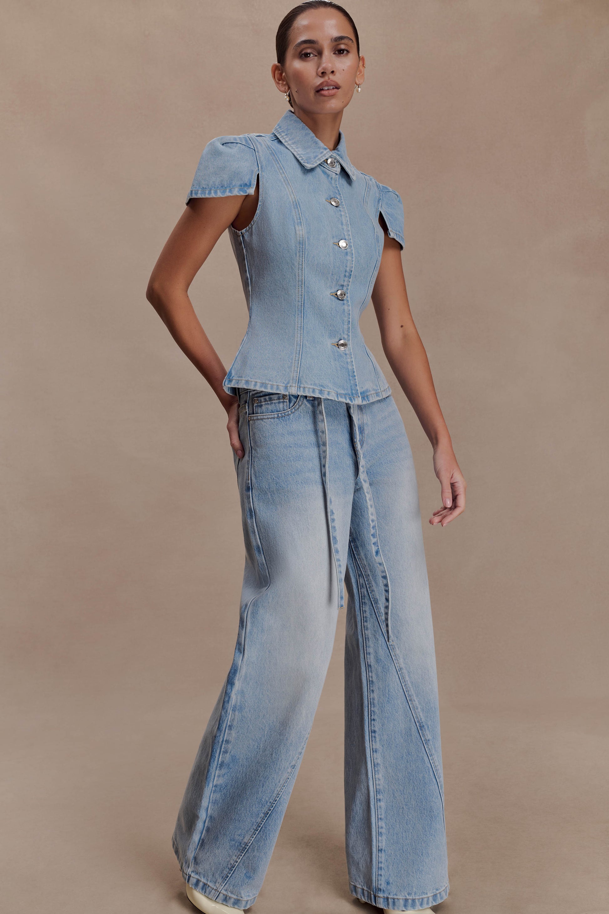 Perrie Mid Rise Straight Leg Tie Jeans - Washed Light Blue #5