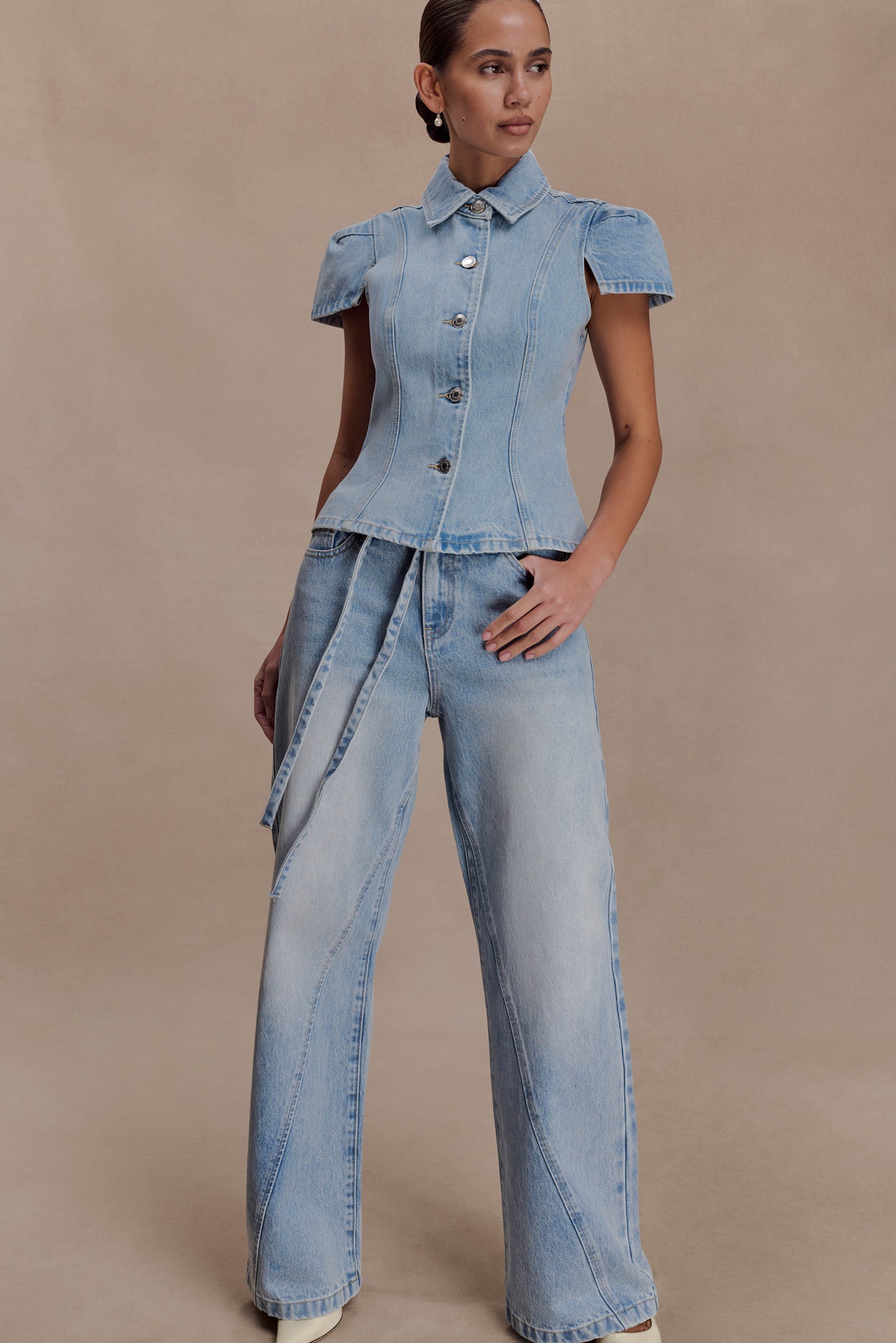 Perrie Mid Rise Straight Leg Tie Jeans - Washed Light Blue