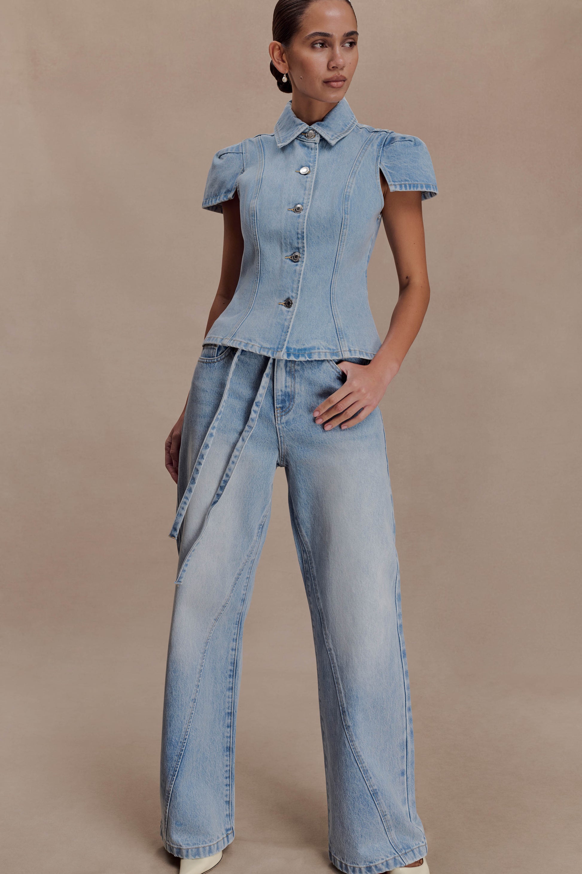 Perrie Mid Rise Straight Leg Tie Jeans - Washed Light Blue #7