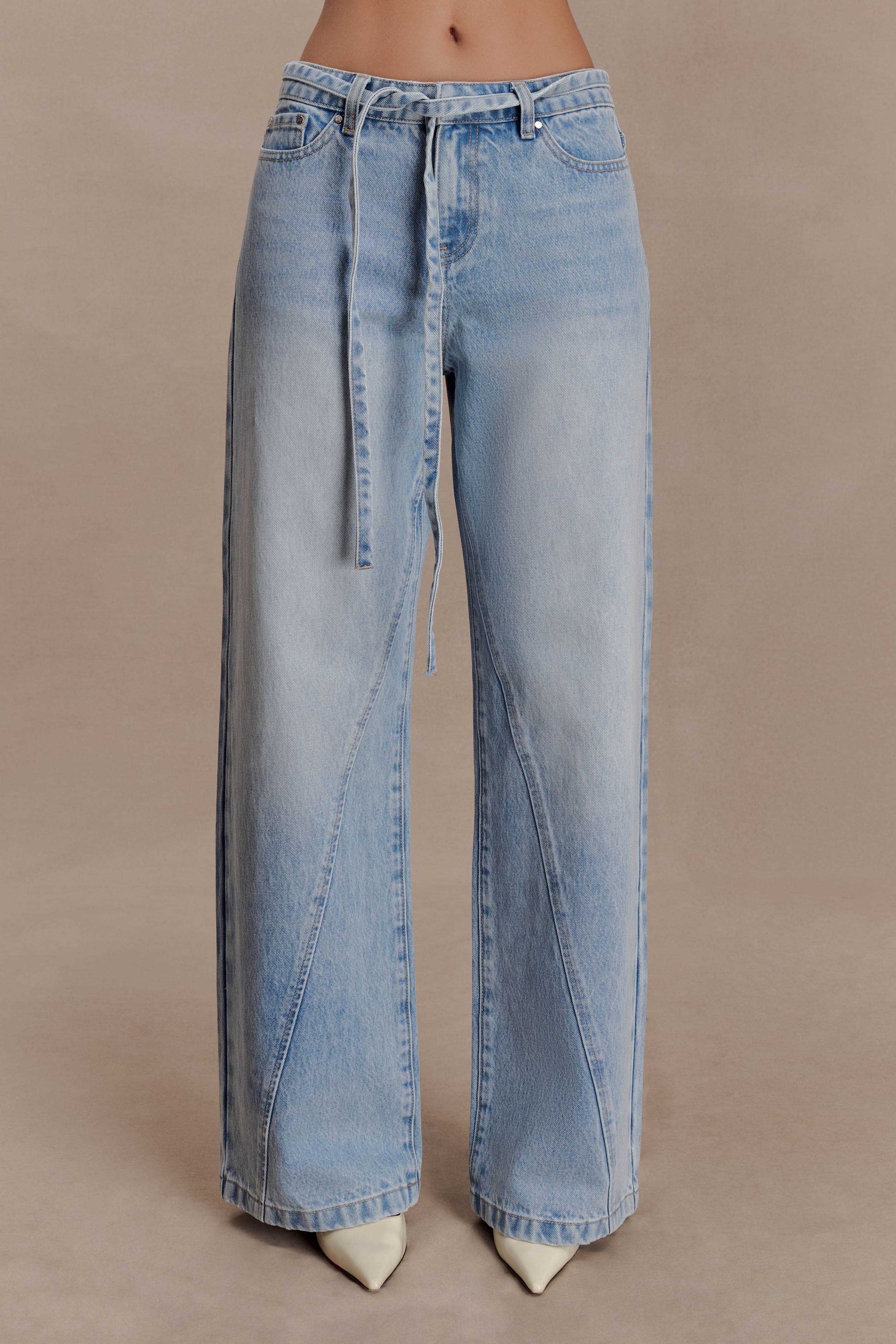 Perrie Mid Rise Straight Leg Tie Jeans - Washed Light Blue #10