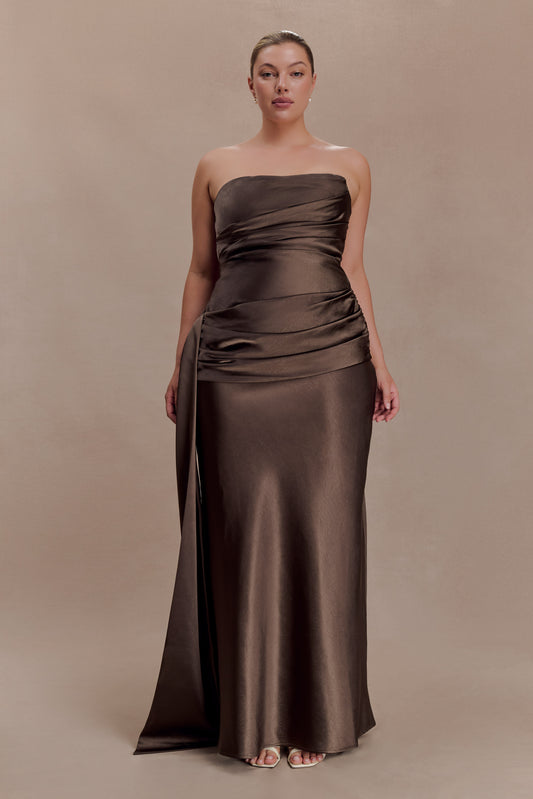 Sarah Strapless Maxi Dress With Waist Tie - Mocha