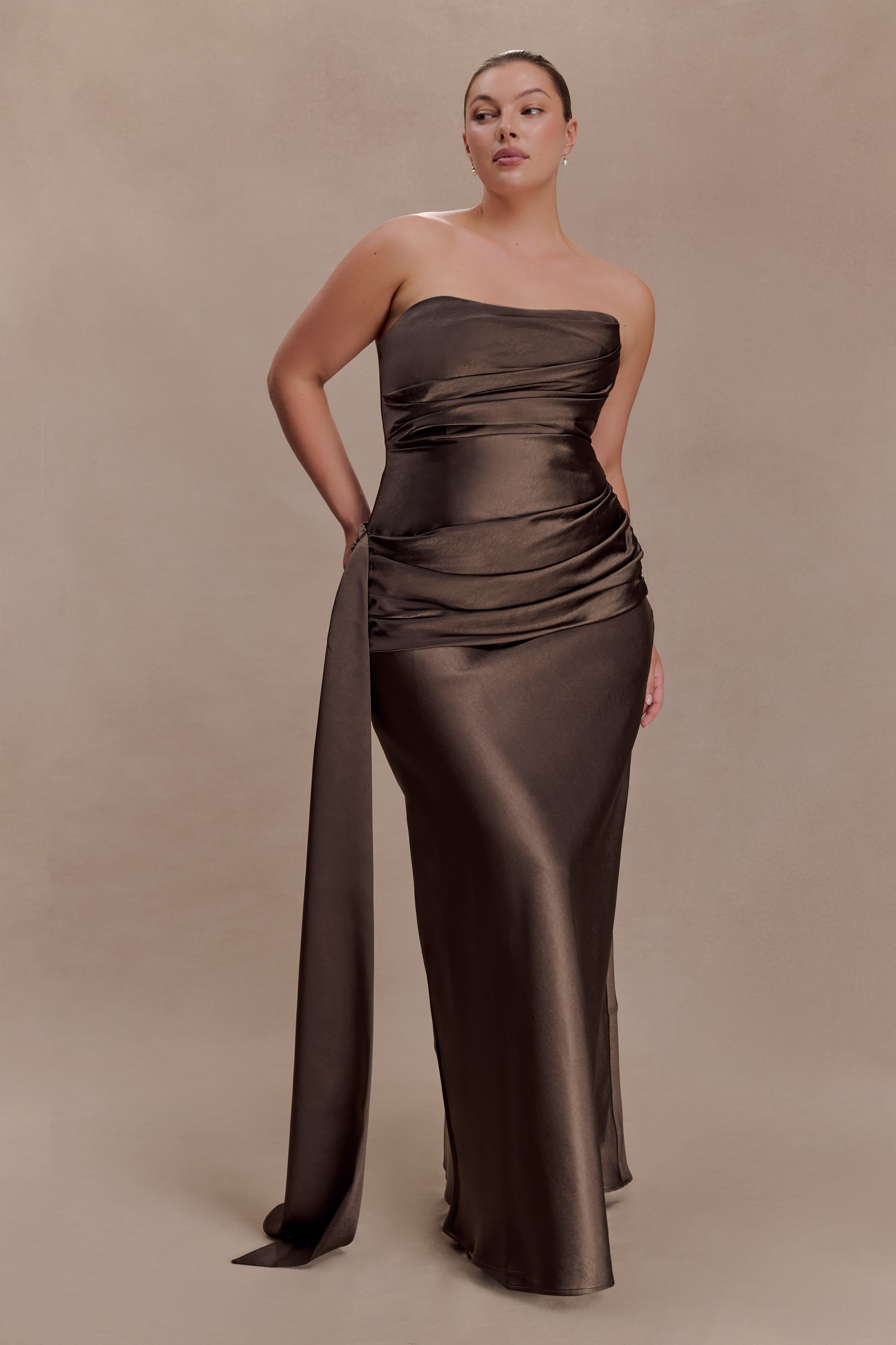 Sarah Strapless Maxi Dress With Waist Tie - Mocha #4