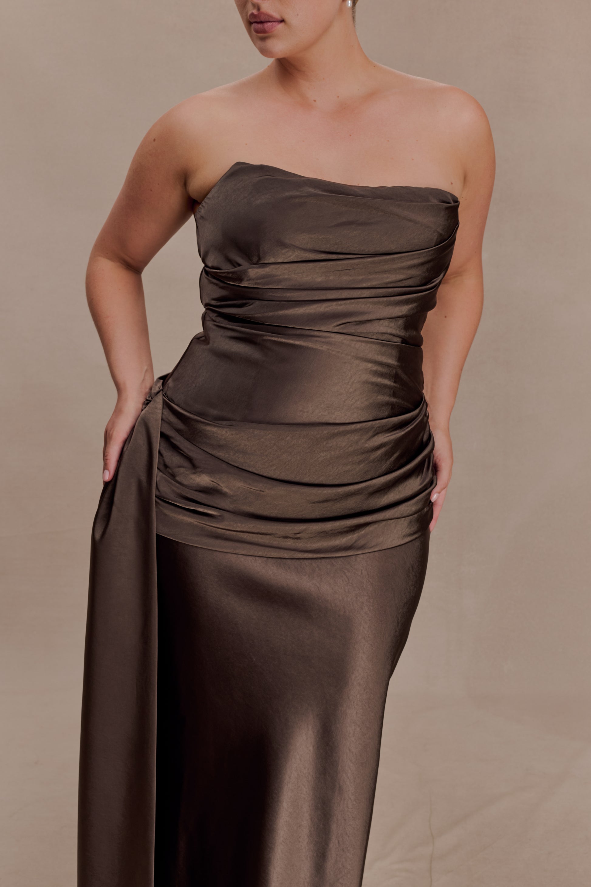 Sarah Strapless Maxi Dress With Waist Tie - Mocha #3