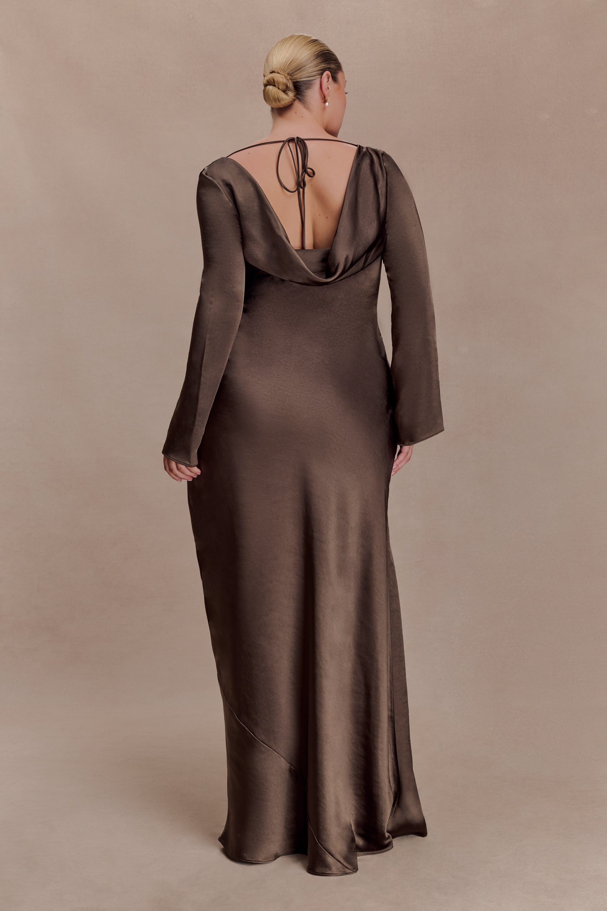 Eliza Long Sleeve Cowl Lace And Satin Maxi Dress - Mocha #4