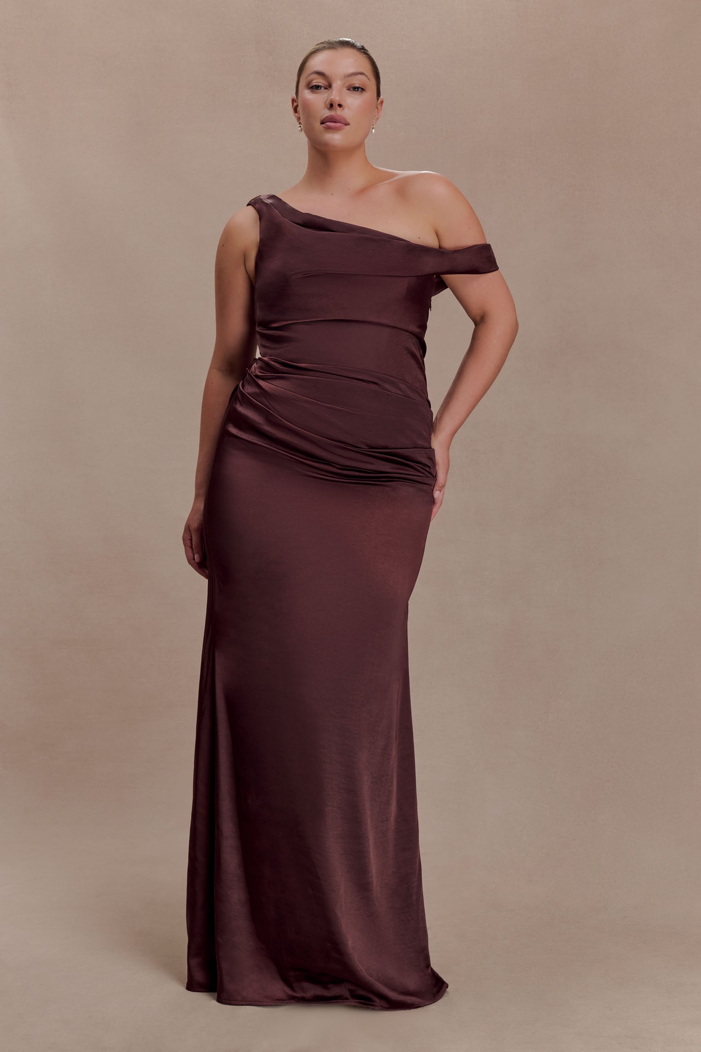 Dalia Off Shoulder Satin Maxi Dress - Dark Chocolate