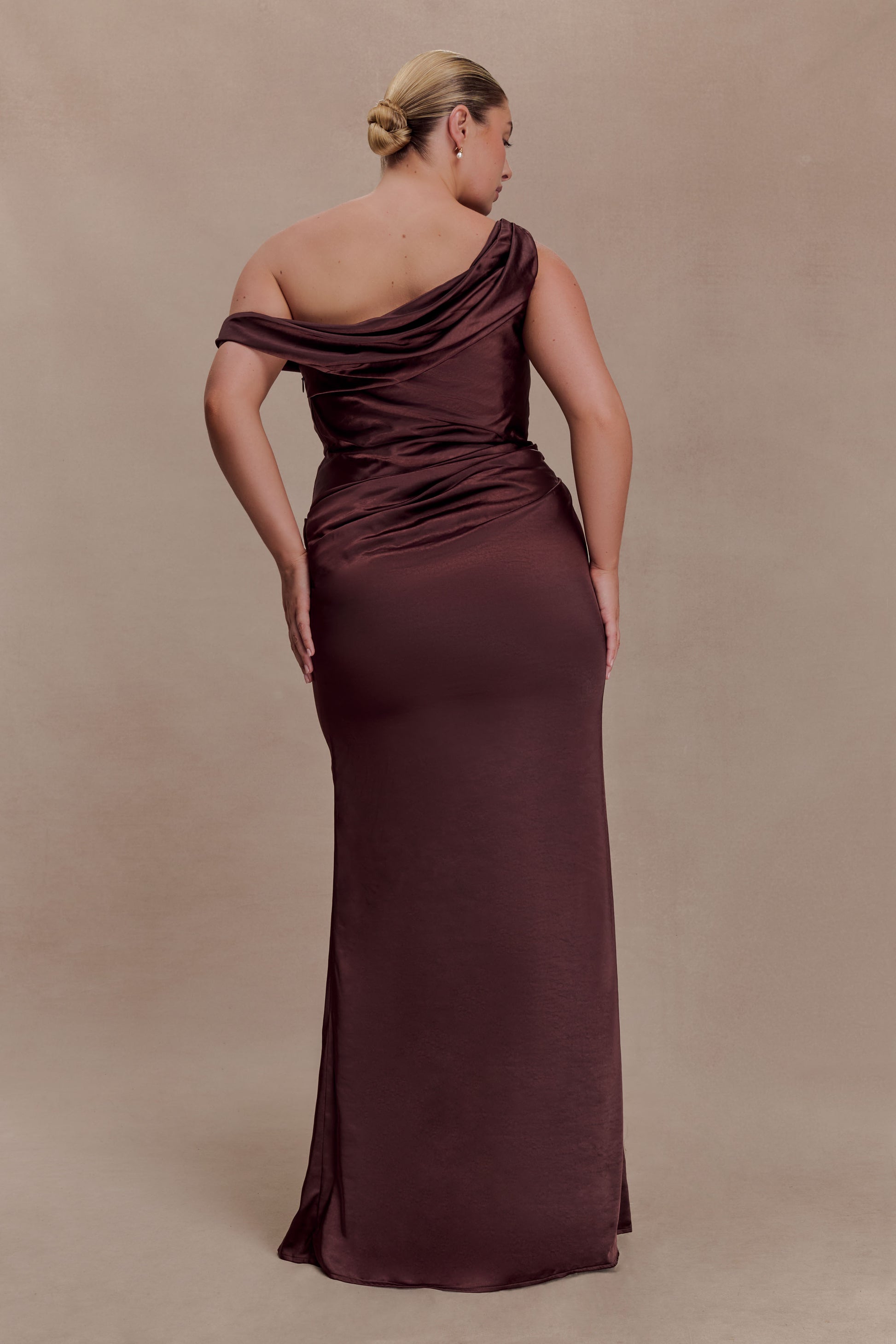 Dalia Off Shoulder Satin Maxi Dress - Dark Chocolate #2