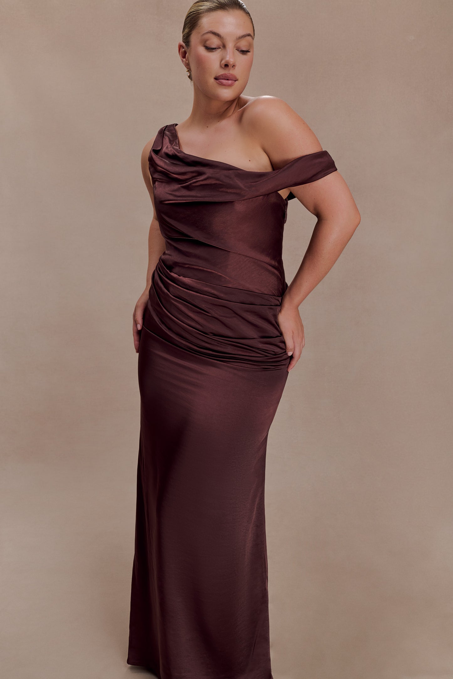 Dalia Off Shoulder Satin Maxi Dress - Dark Chocolate