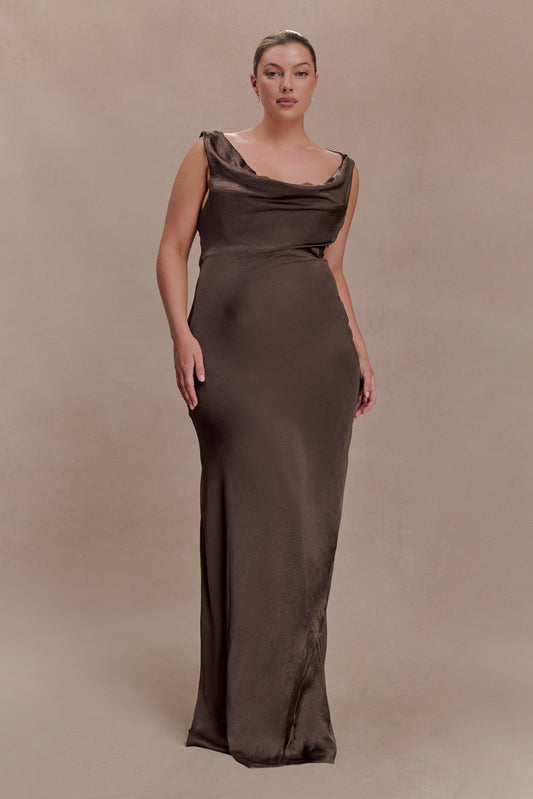 Ashley Cowl Neck Lace And Satin Maxi Dress - Mocha