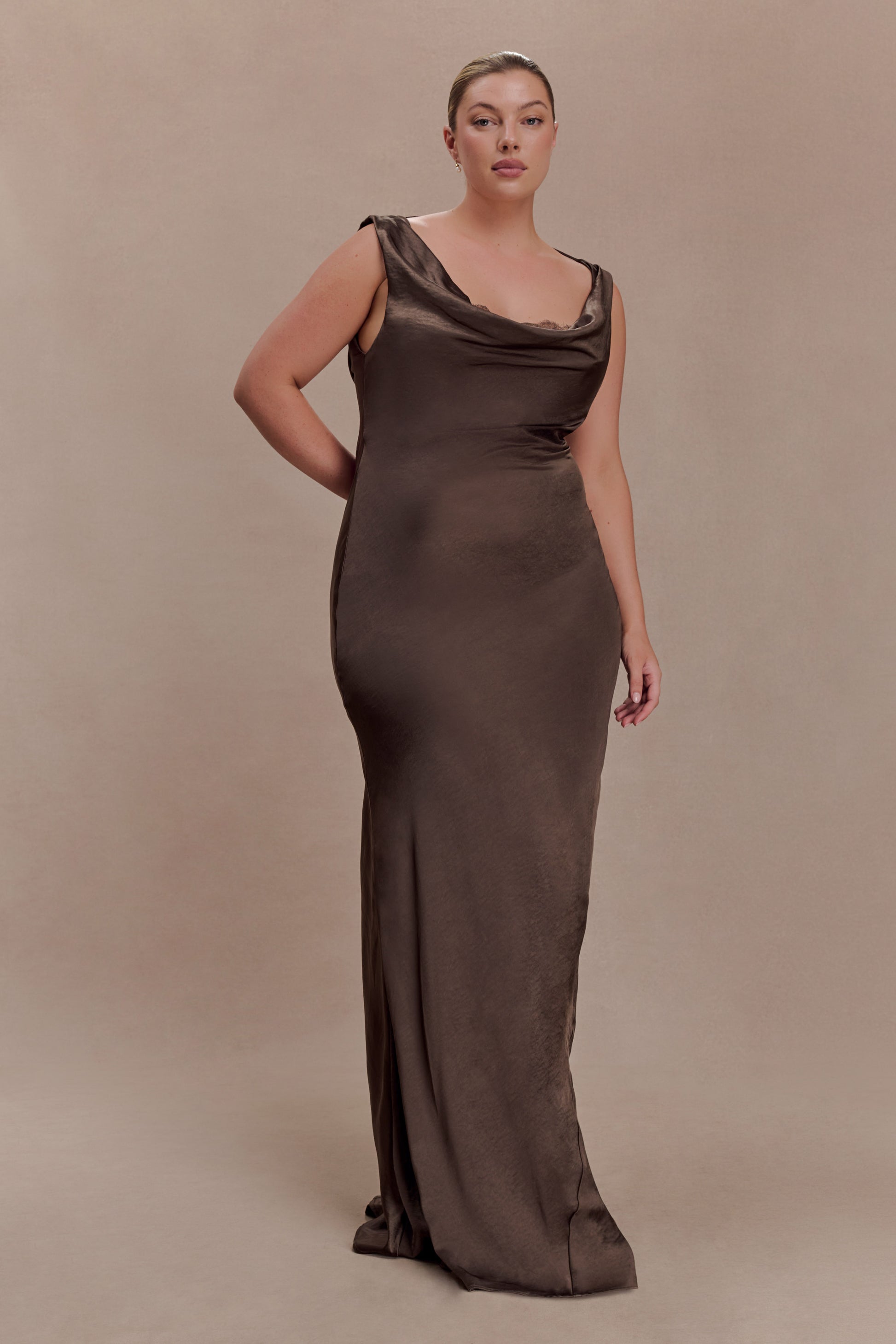 Ashley Cowl Neck Lace And Satin Maxi Dress - Mocha #2
