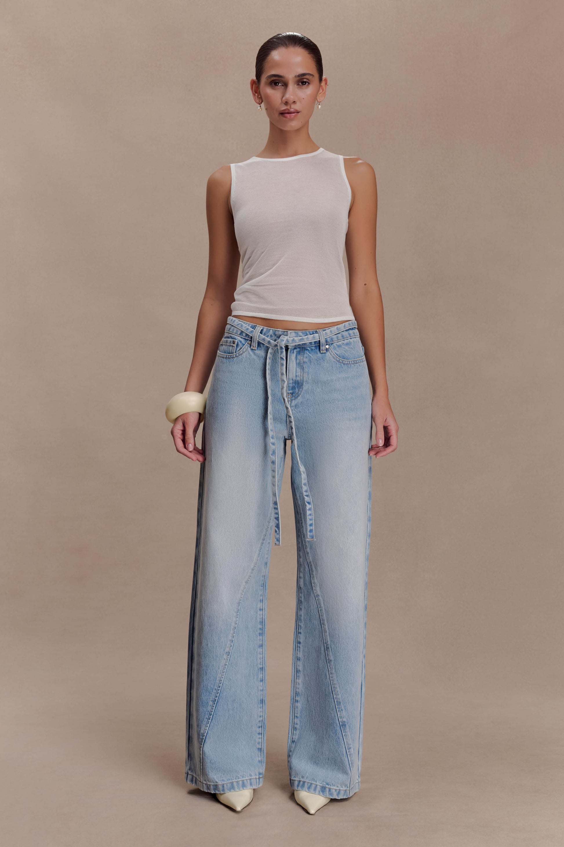 Perrie Mid Rise Straight Leg Tie Jeans - Washed Light Blue #3