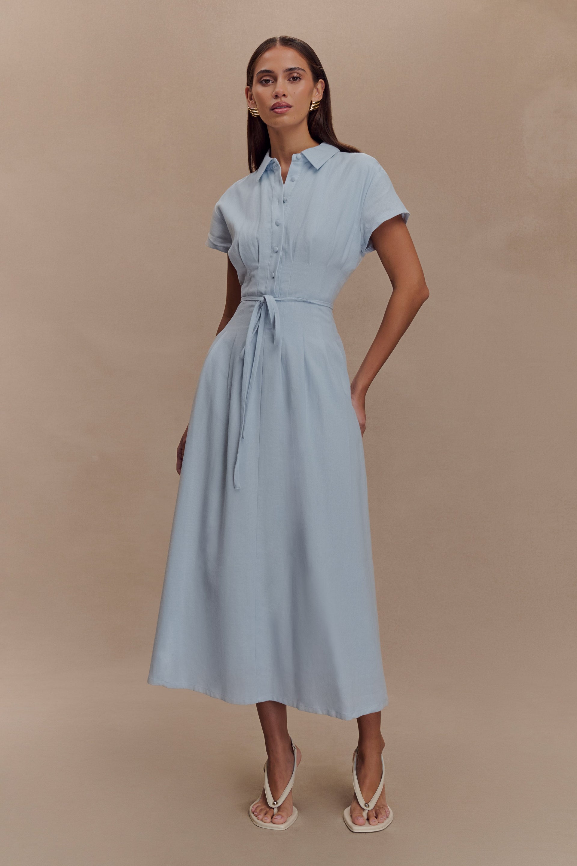 Aysha Buttoned Linen Midi Dress - Cornflower Blue