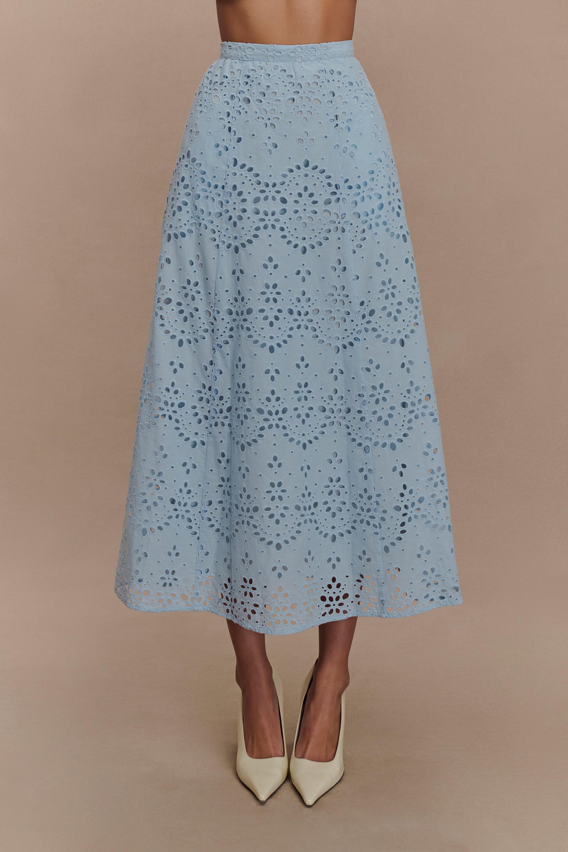Arla Broderie Midi Skirt - Pale Cornflower Blue