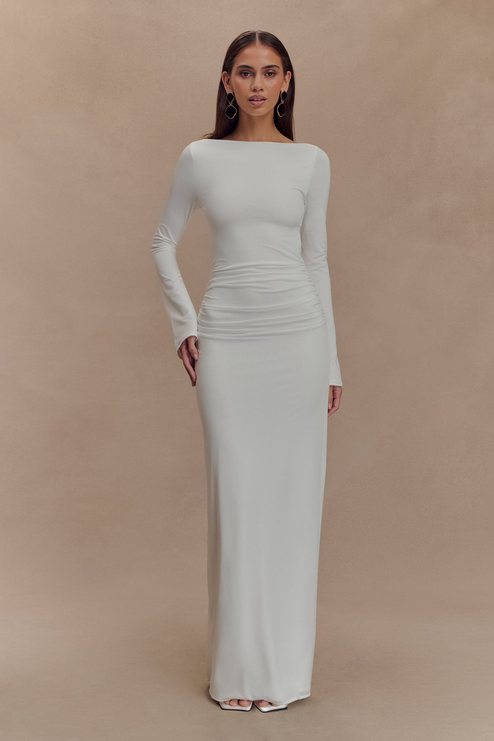 white slinky cut out dress MUSERA Off White Slinky Cut Out Trim Detail Fitted Long Sleeve Maxi Dress,Autumn Seksi Chic Day Party Night Out Elegant Bridal Wedding Engagement