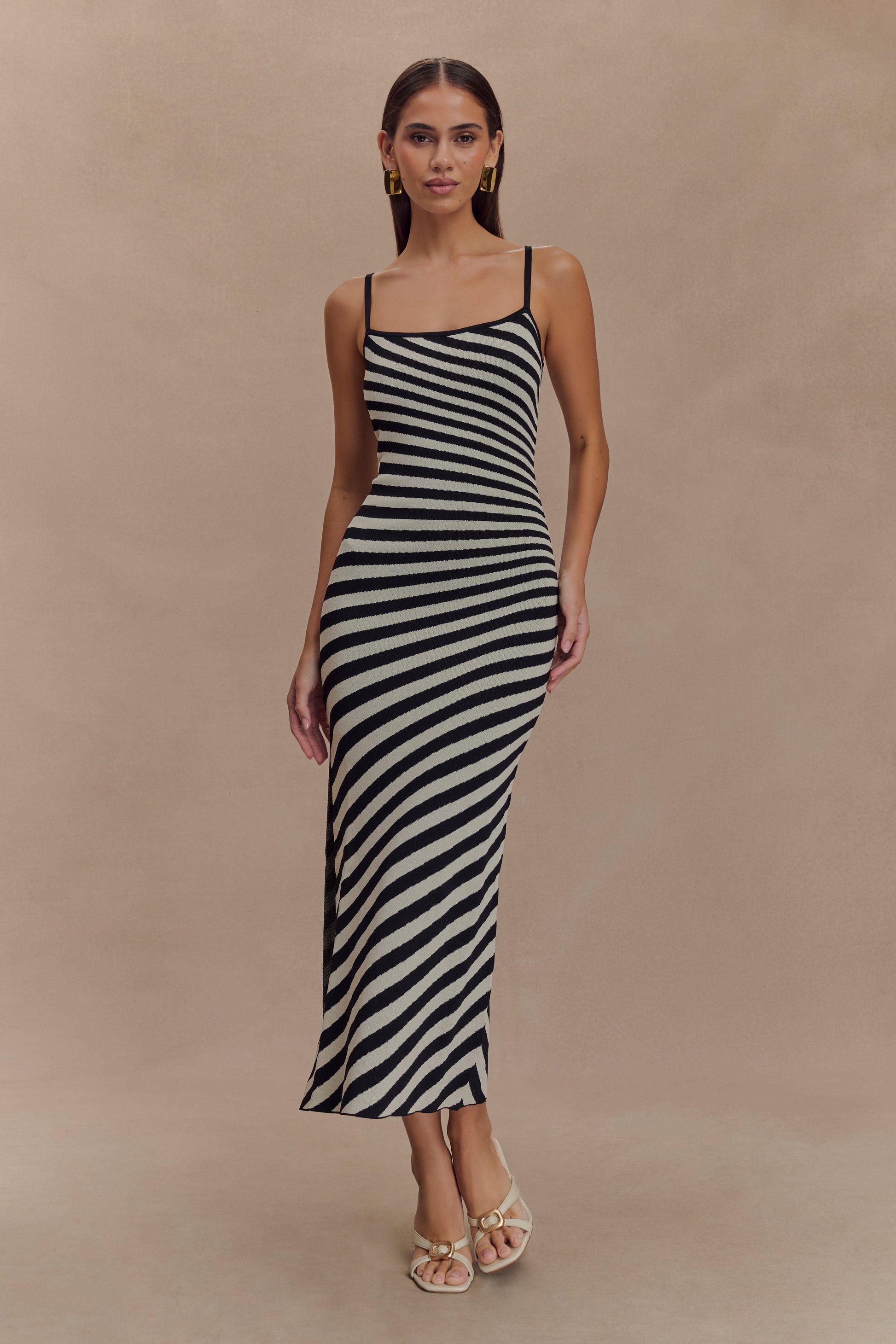 Raven Striped Knit Midi Dress - Black/White | MESHKI Raven Striped Knit Midi Dress - Black/White | MESHKI