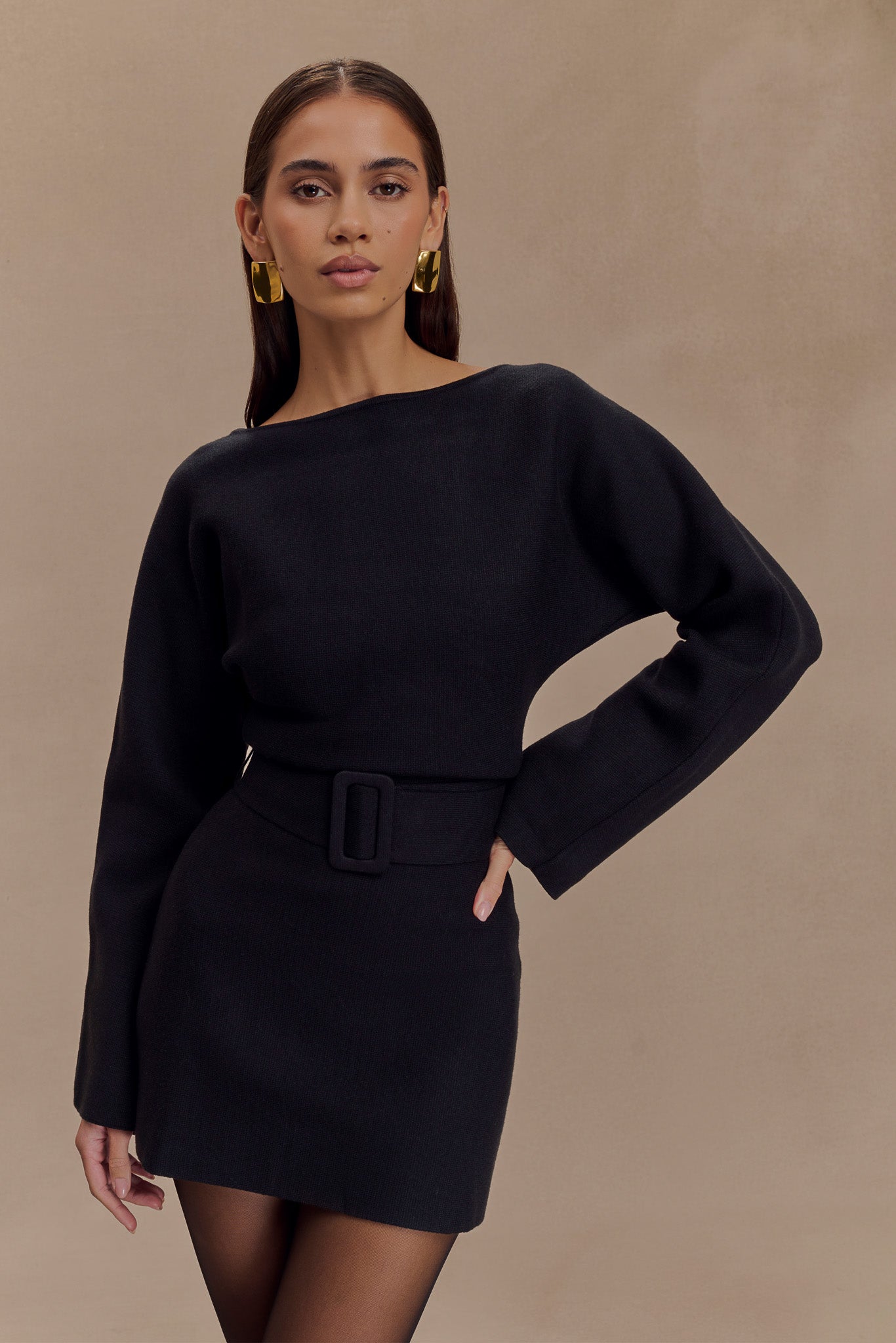 Kassie Belt Tie Knit Mini Dress - Black | MESHKI Kassie Belt Tie Knit Mini Dress - Black | MESHKI