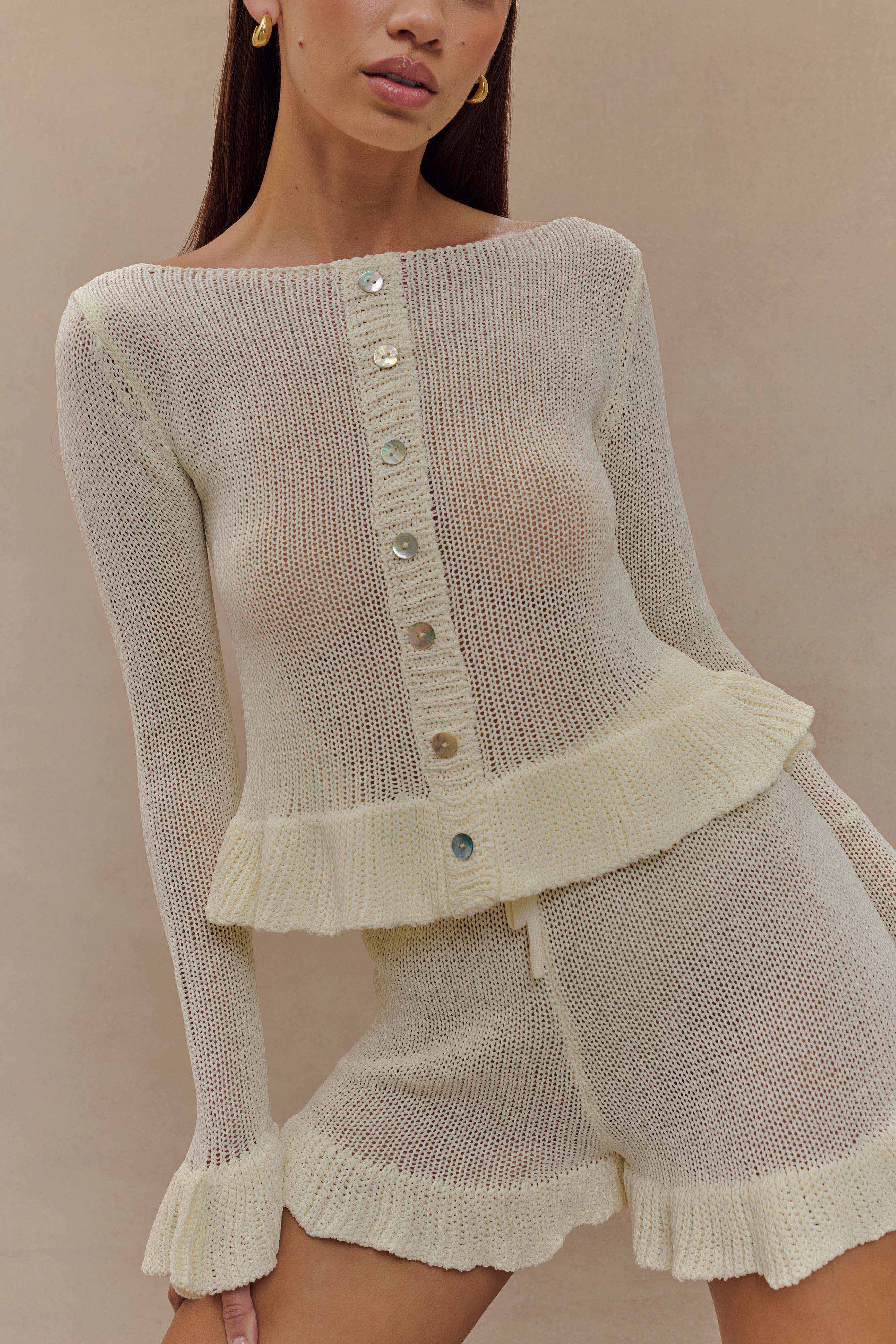 Eleanor Knit Frill Cardigan - White | MESHKI