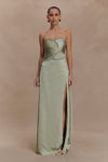 Larissa Satin Maxi Dress With Ruched Petals - Sage