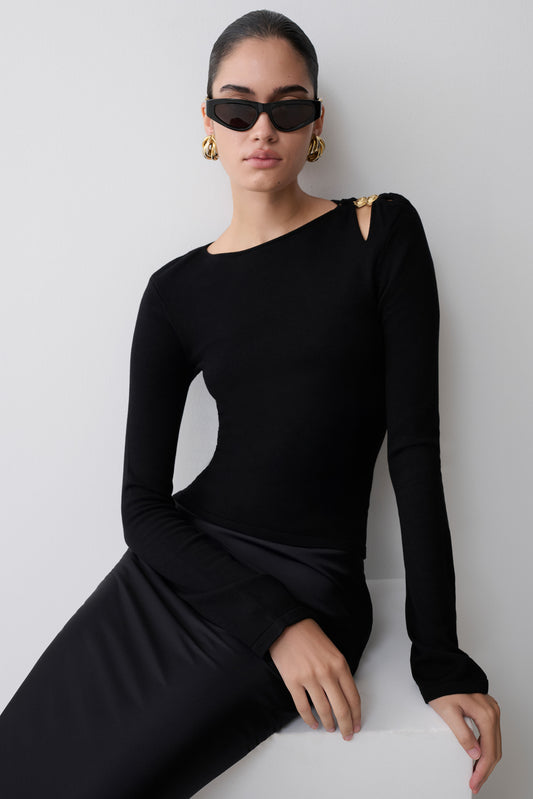 Ricky Knit Long Sleeve Longline Top - Black