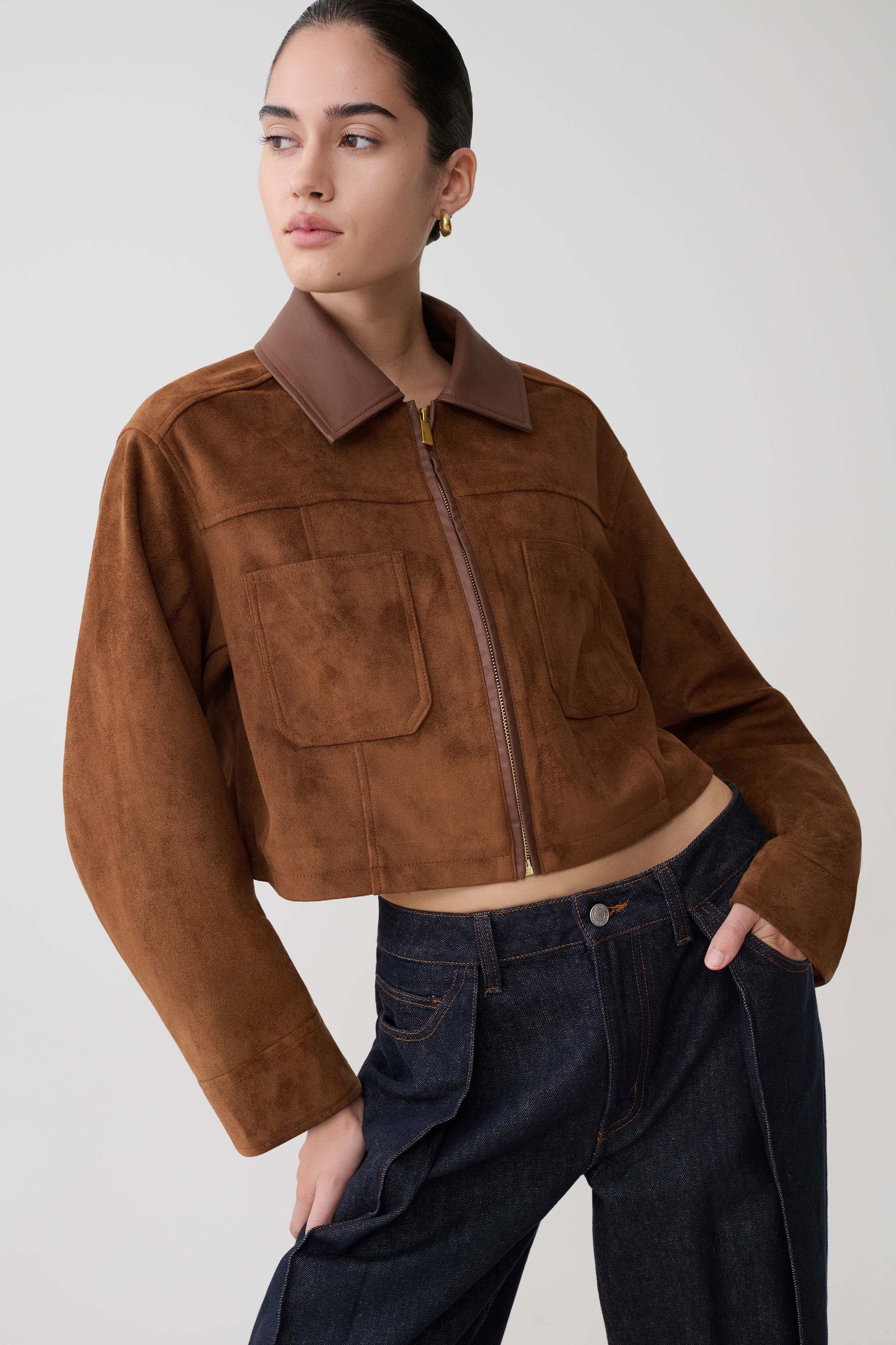 Remy Faux Suede & Leather Collared Jacket - Tan #3