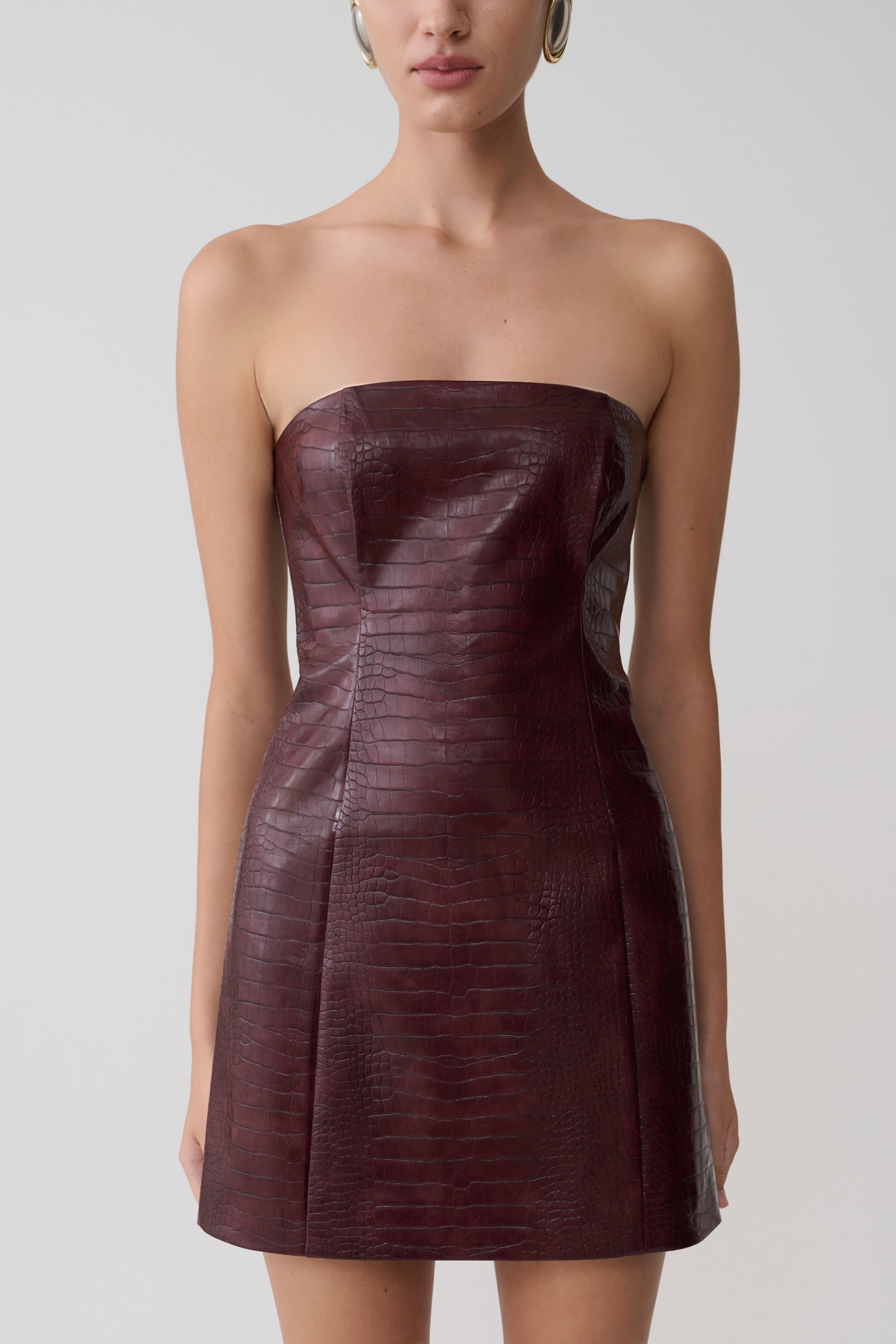Anouk Faux Leather Strapless Mini Dress - Merlot | MESHKI Anouk Faux Leather Strapless Mini Dress - Merlot | MESHKI