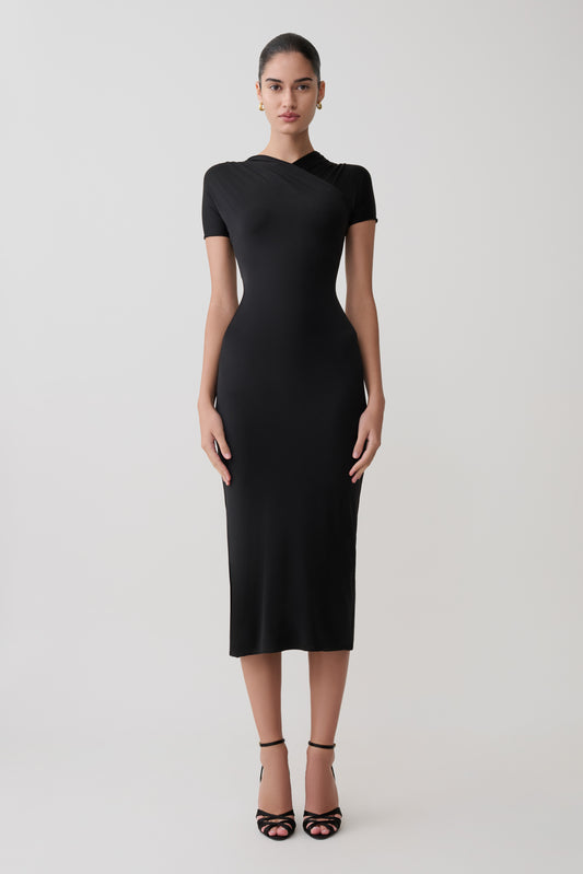 Junie Cross-Over Neck Slinky Maxi Dress - Black