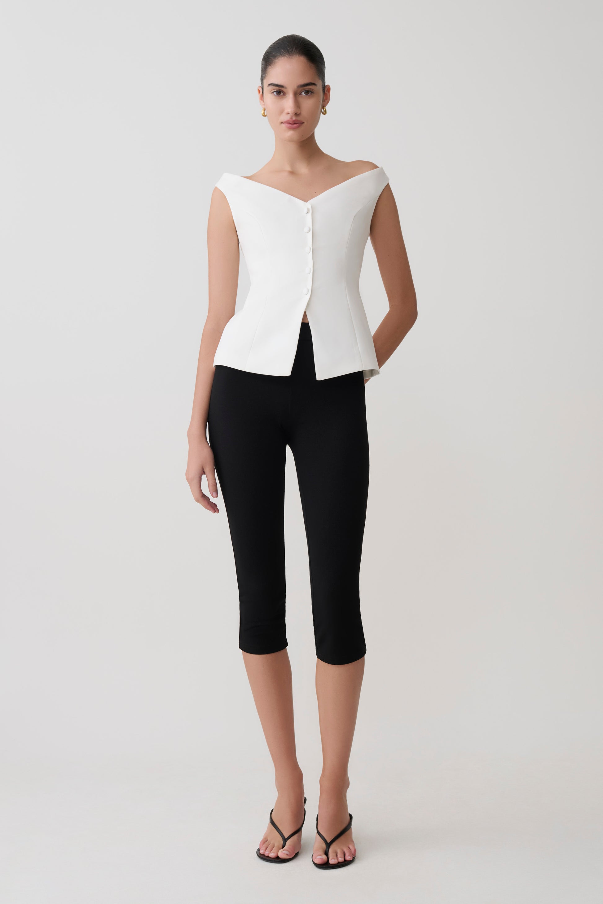 Billie Off Shoulder Sleeveless Button Top - White #7
